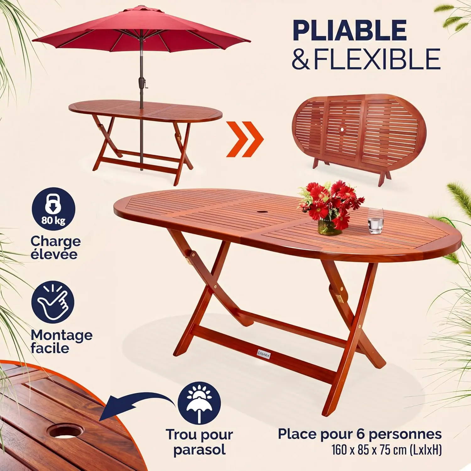 Table de jardin 6 places en bois 160 x 85 cm vue 4