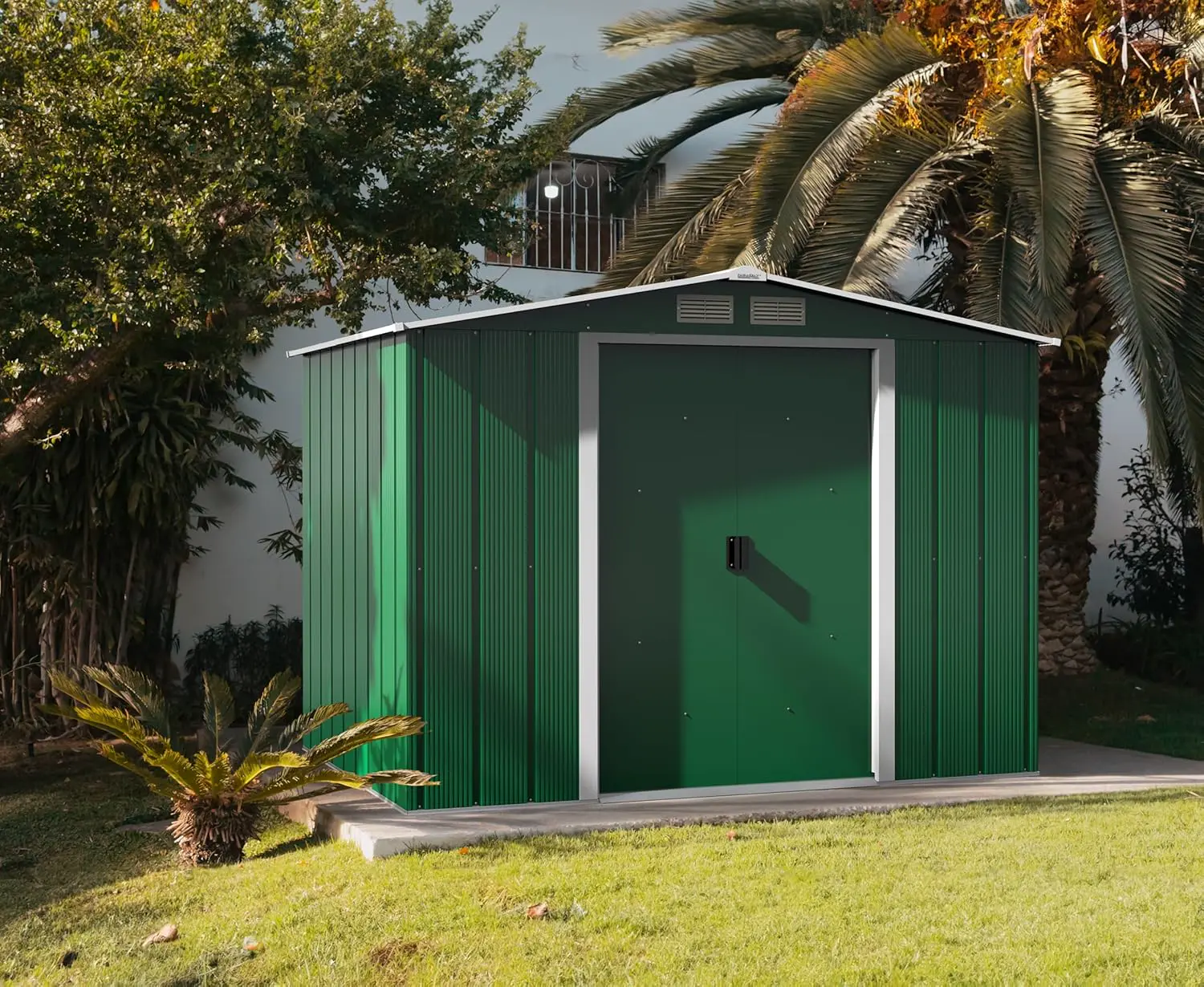 Abri de jardin en métal en acier vert vue 2