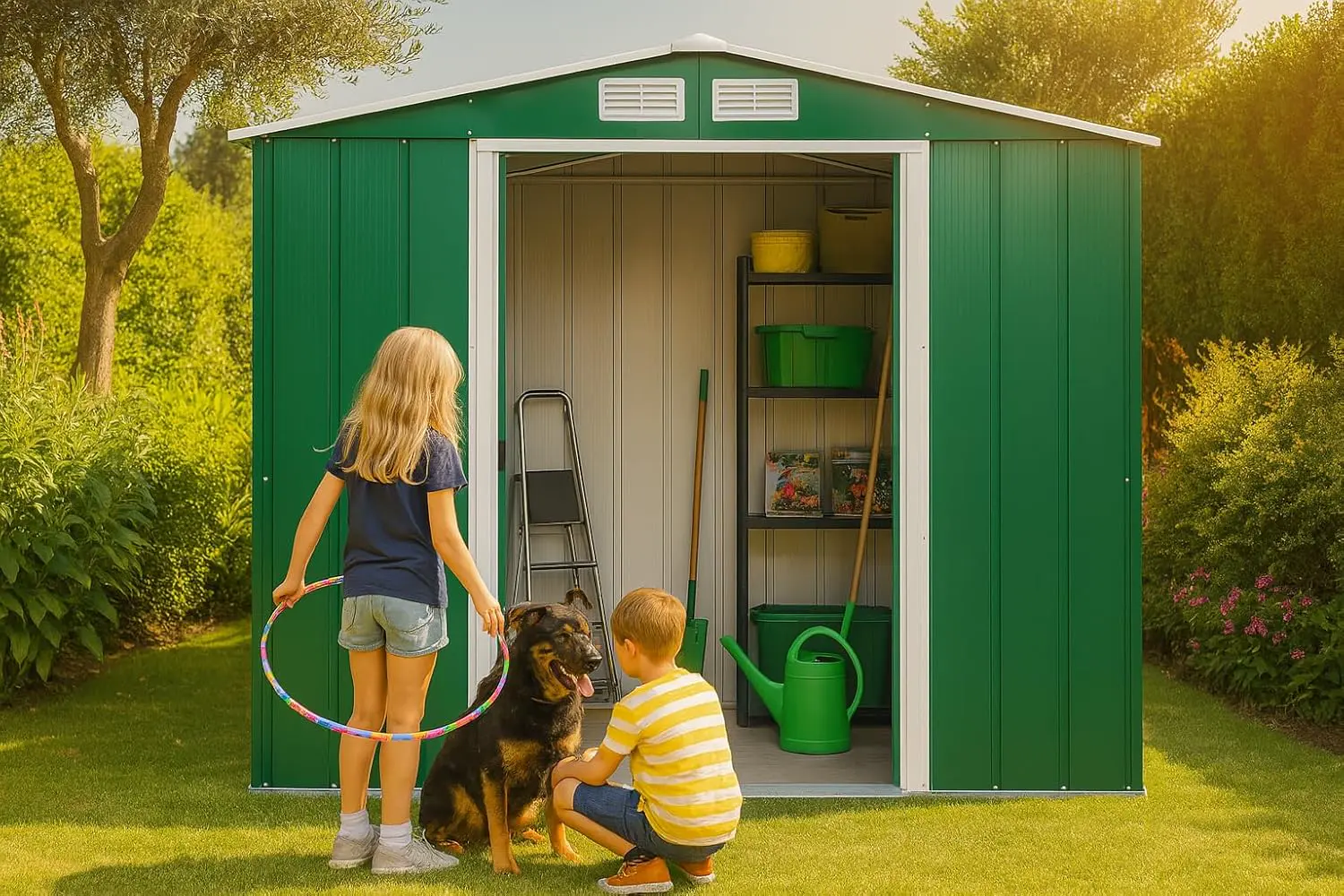 Abri de jardin en métal en acier vert vue 3