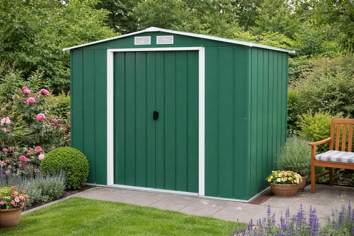 Abri de jardin en métal en acier vert 5,89 m² vue 2