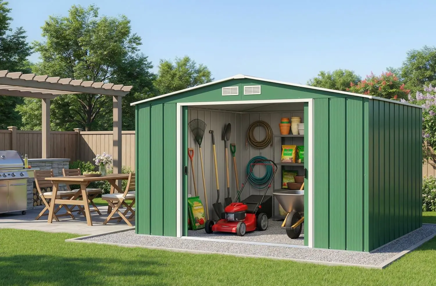 Abri de jardin en métal en acier vert 9,16 m² vue 4