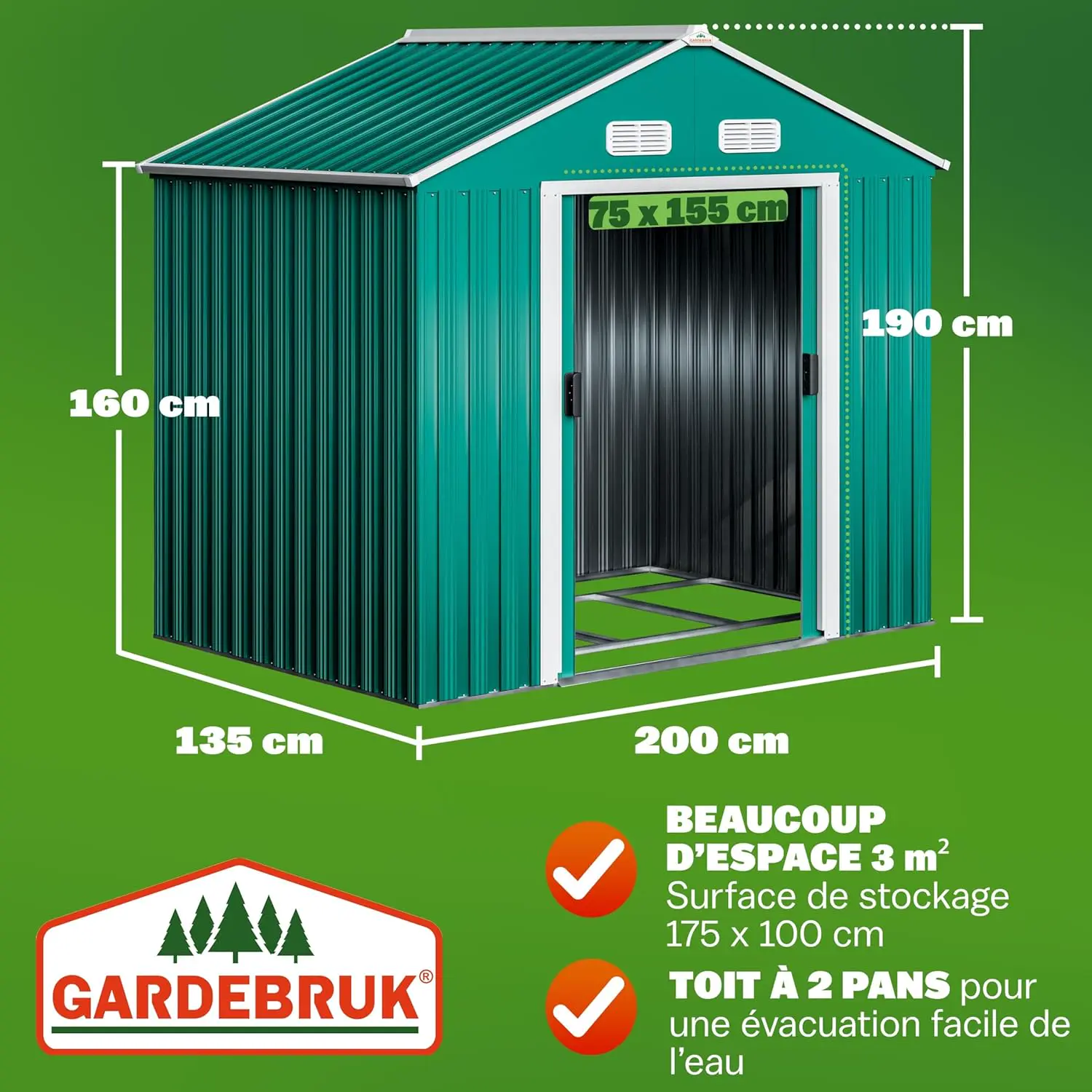 Abri de jardin en métal en métal vert 2m² vue 3