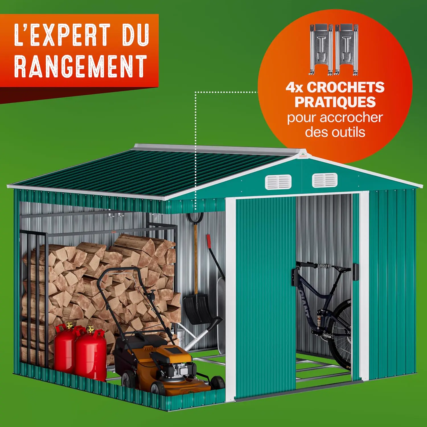 Abri de jardin en métal en acier vert 5m² vue 2