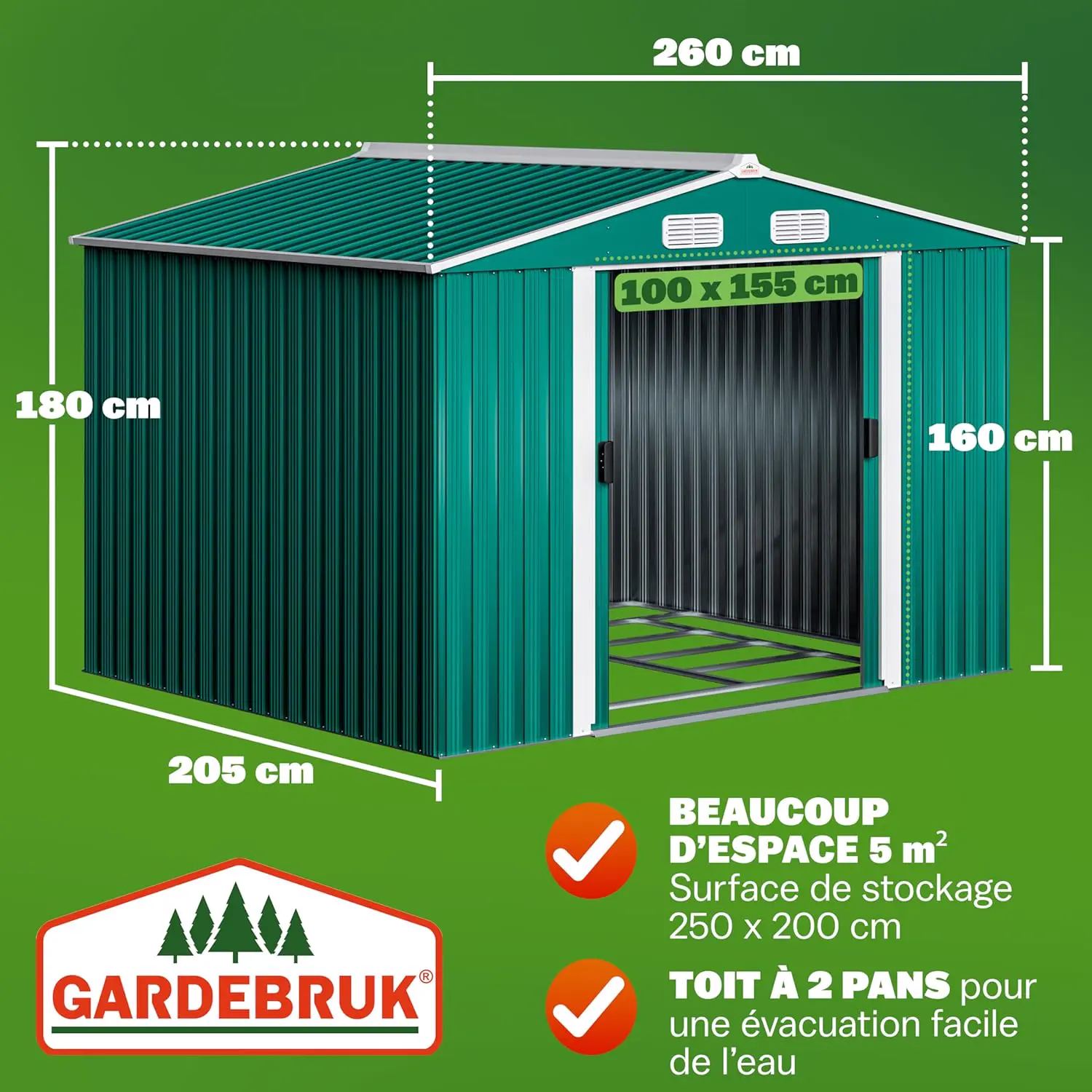 Abri de jardin en métal en acier vert 5m² vue 3