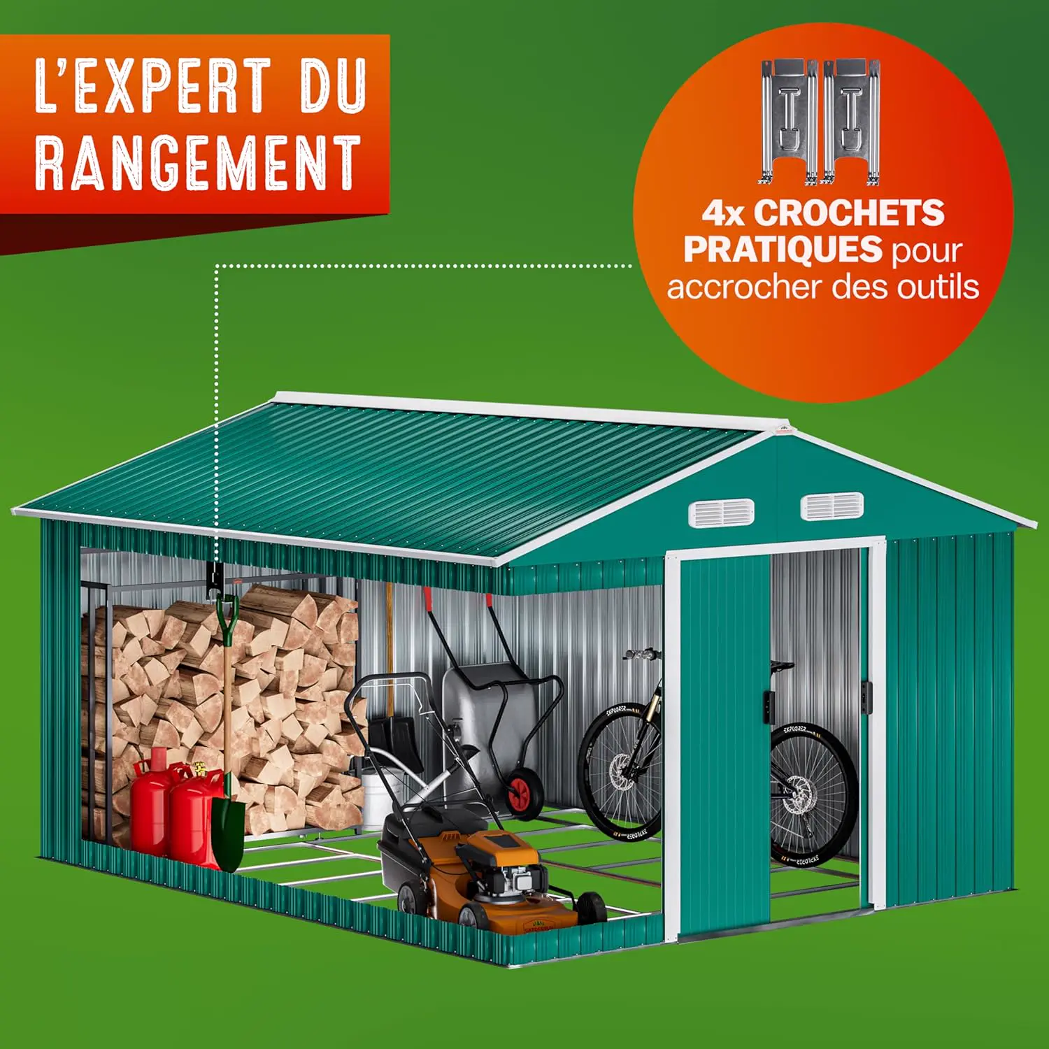 Abri de jardin en métal en acier vert 8m² vue 2