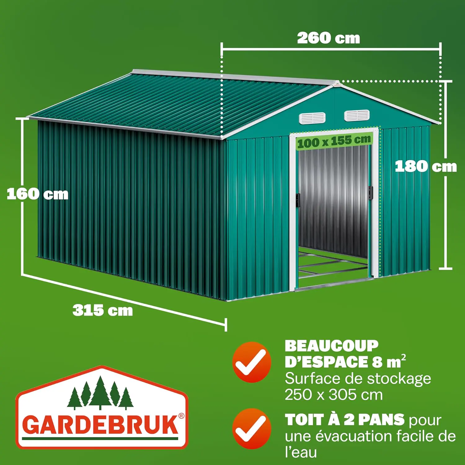 Abri de jardin en métal en acier vert 8m² vue 3