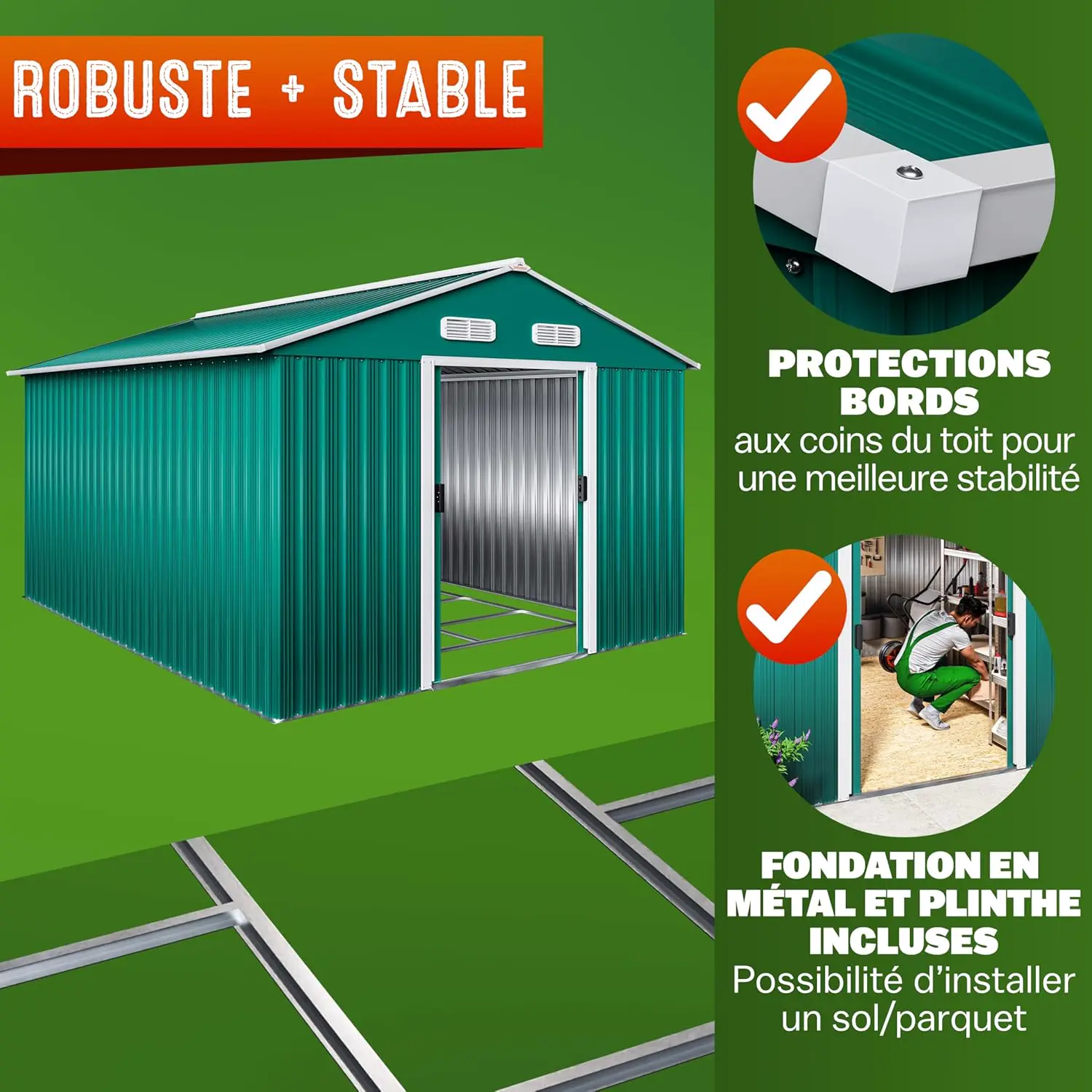 Abri de jardin en métal en acier vert 8m² vue 6