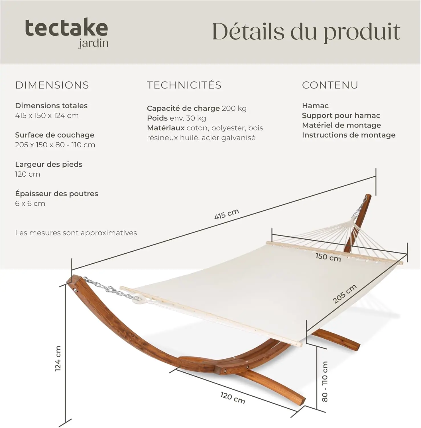 Fauteuils suspendus 2 places en bois 150 x 124 cm vue 6