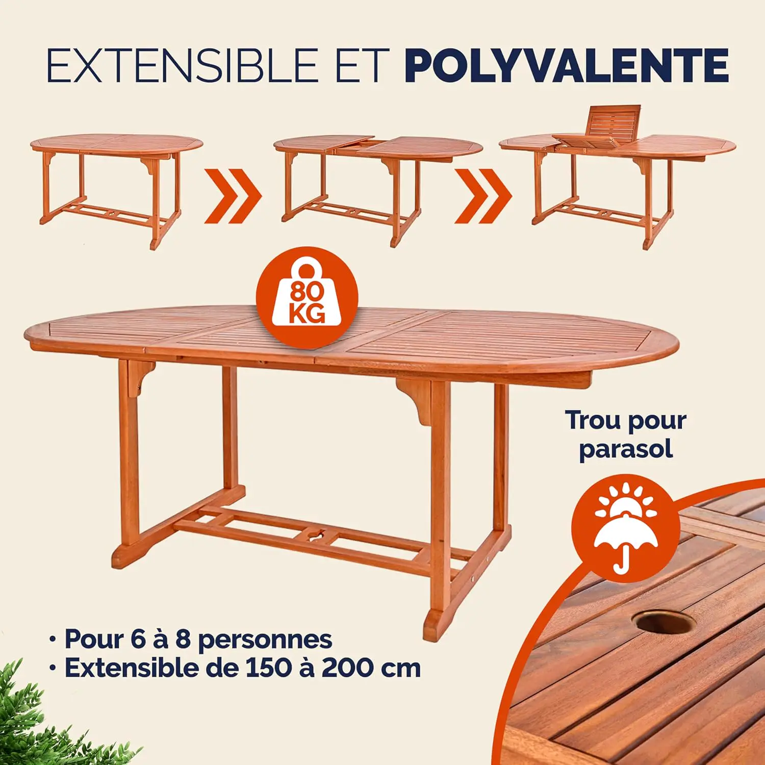 Table de jardin 8 places en bois 100 x 74 cm vue 4