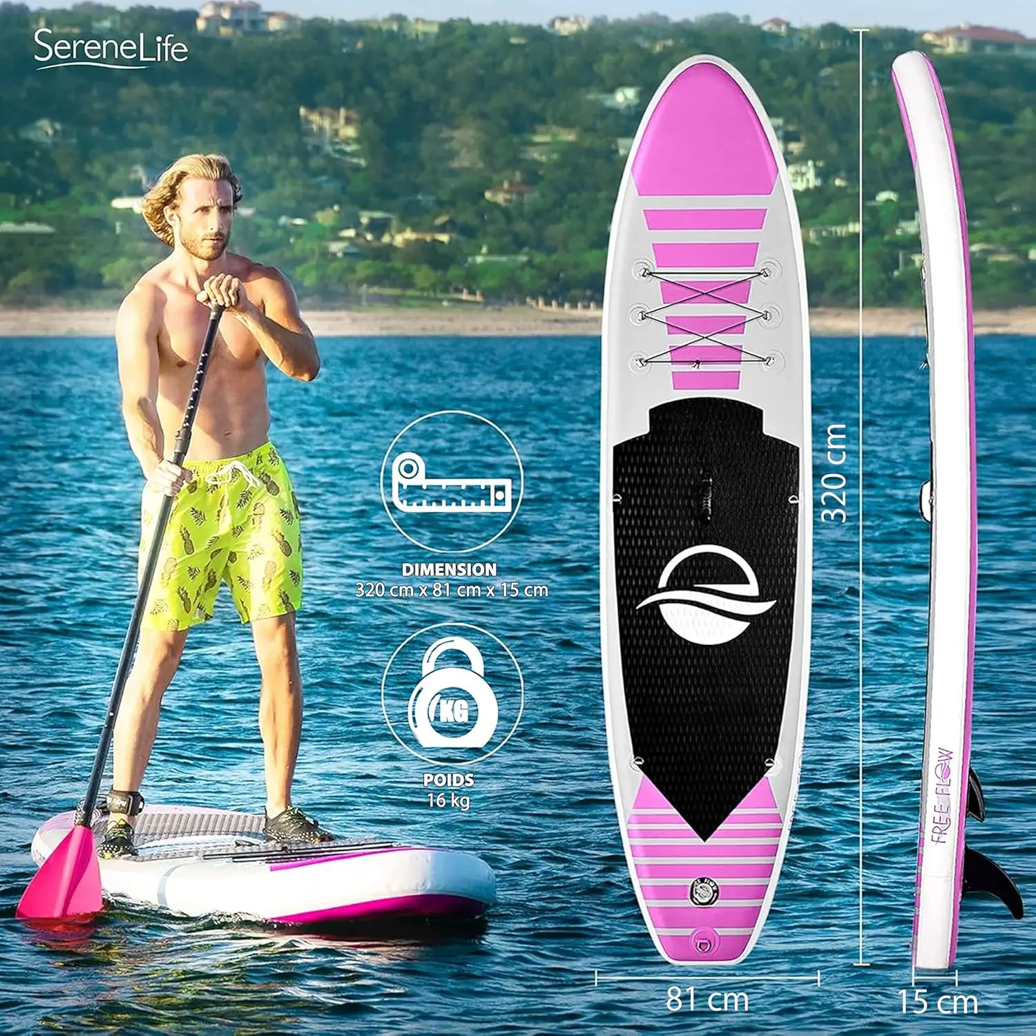 Paddle gonflable en aluminium rose vue 3