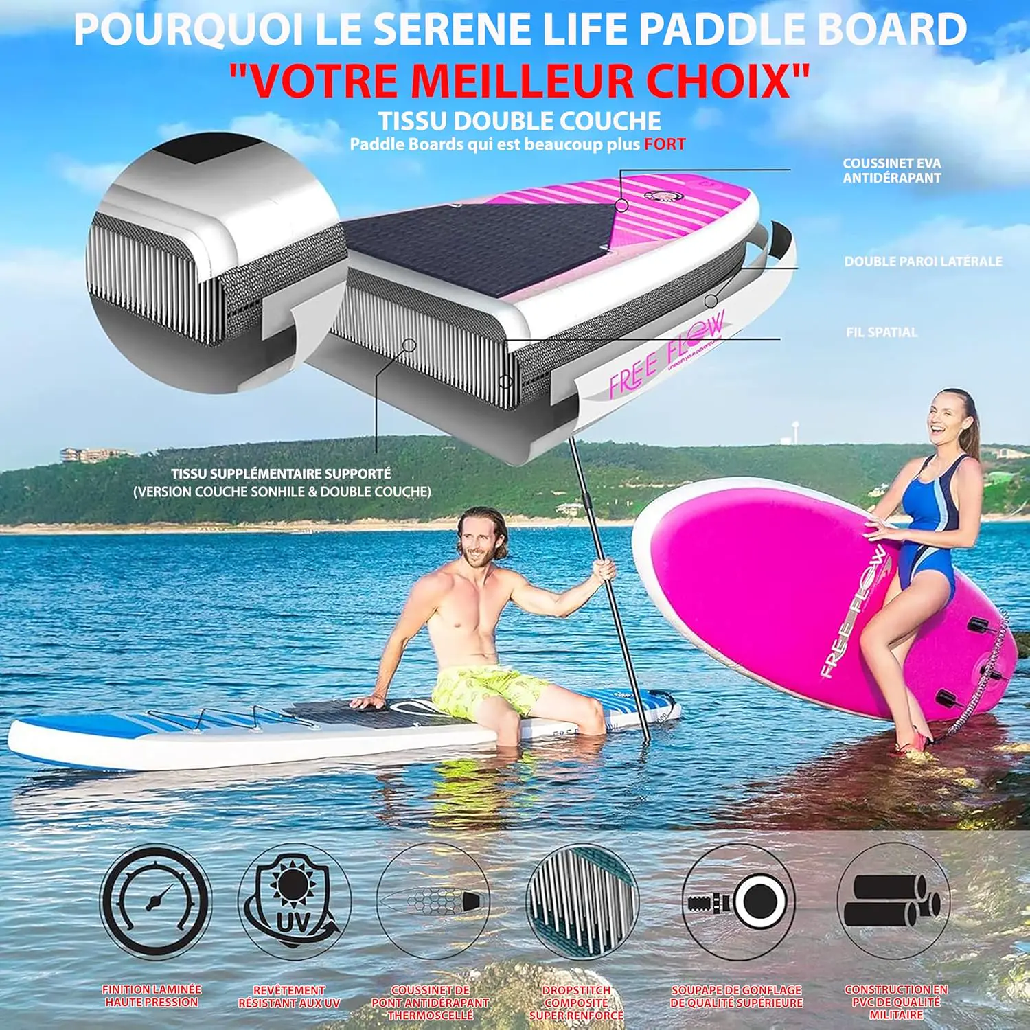 Paddle gonflable en aluminium rose vue 6