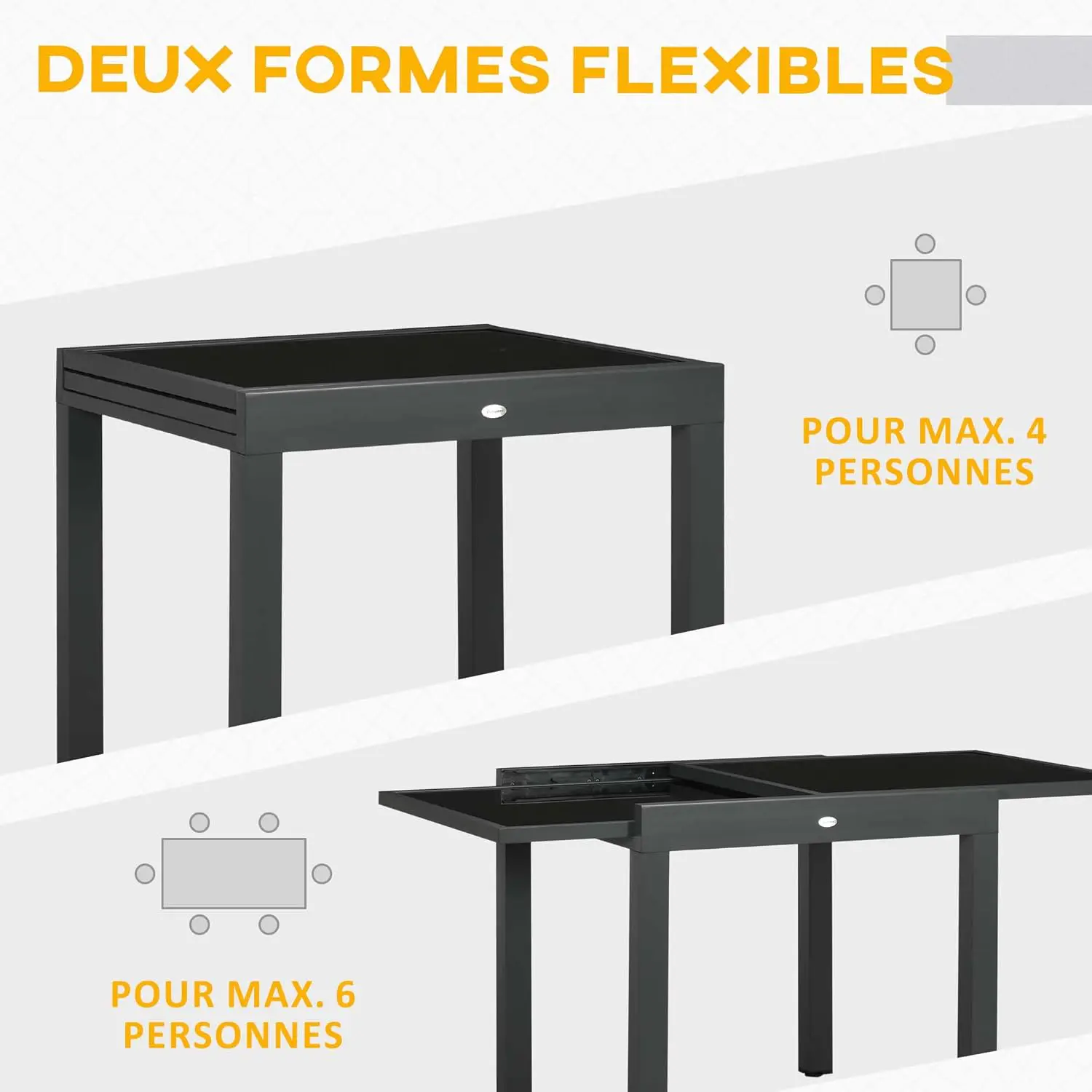 Table de jardin 6 places en aluminium noir 80x75cm vue 4