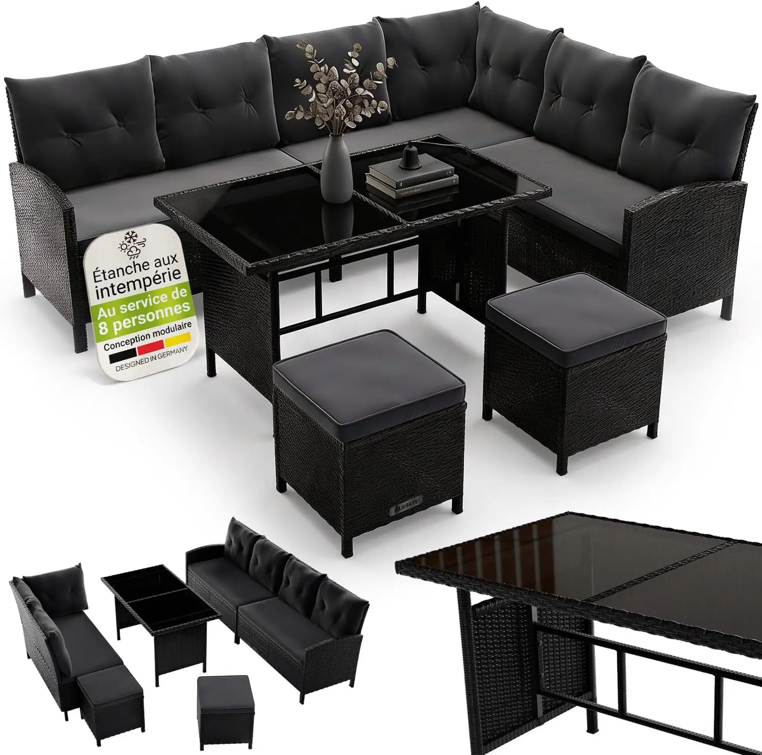 Juskys Salon de Jardin Lounge Manacor en polyrotin Noir