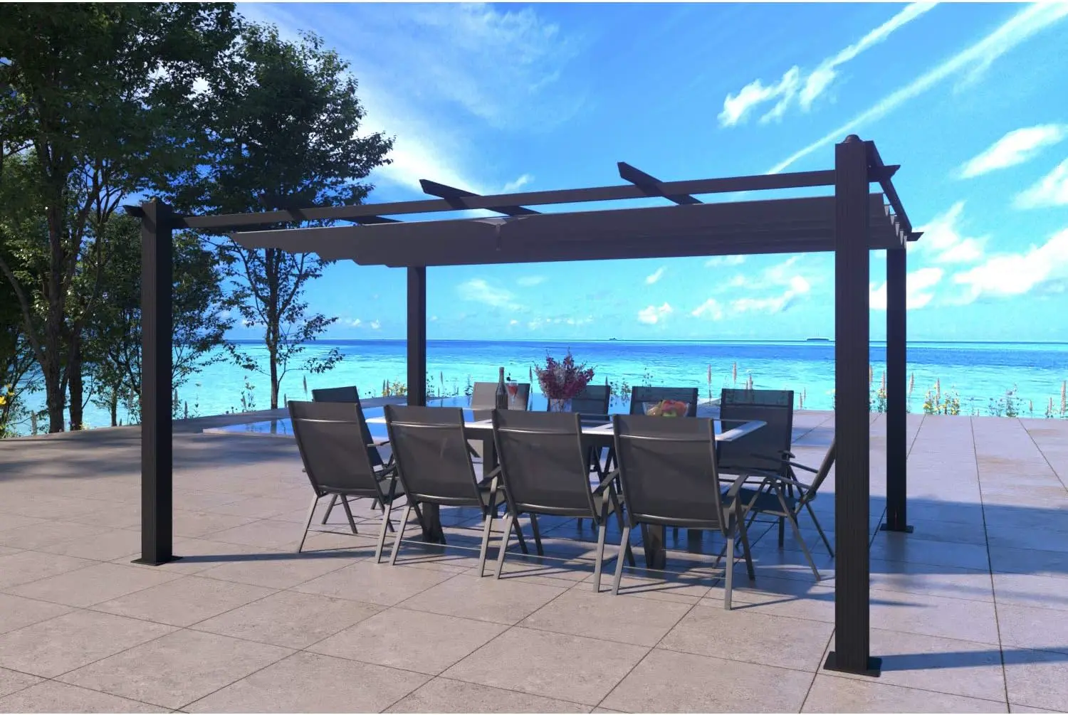 Pergola Aluminium 4x3m Nila Concept Usine | Tonnelle Jardin Toile Rétractable Gris 12m² | Structure Autoportante Thermolaquée et Toile Coulissante Ombrage Extérieur