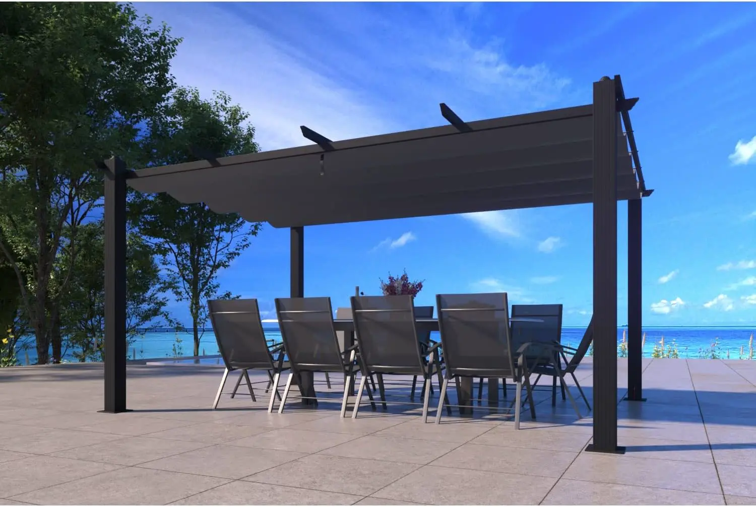 Pergola en aluminium gris 12m² rétractable vue 7