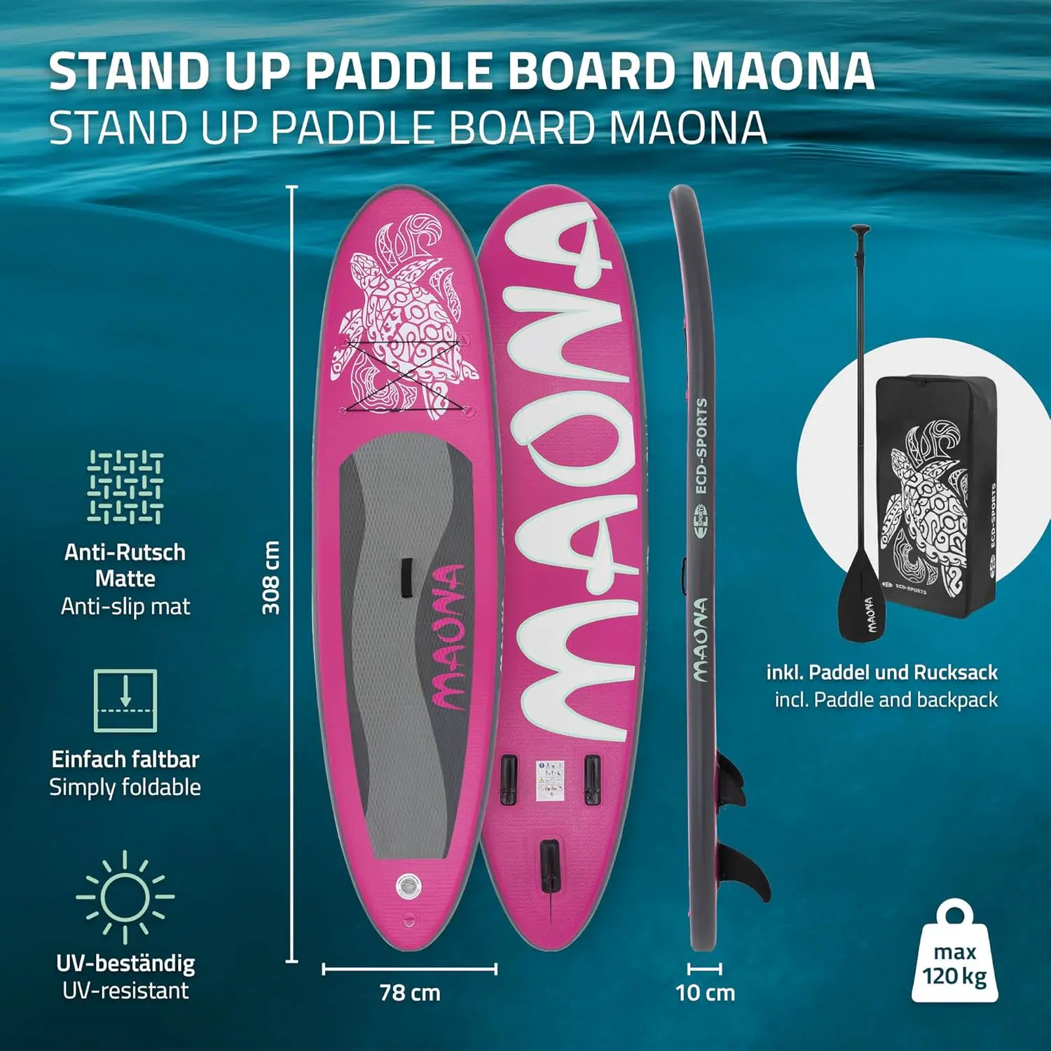 Paddle gonflable en aluminium rose vue 2