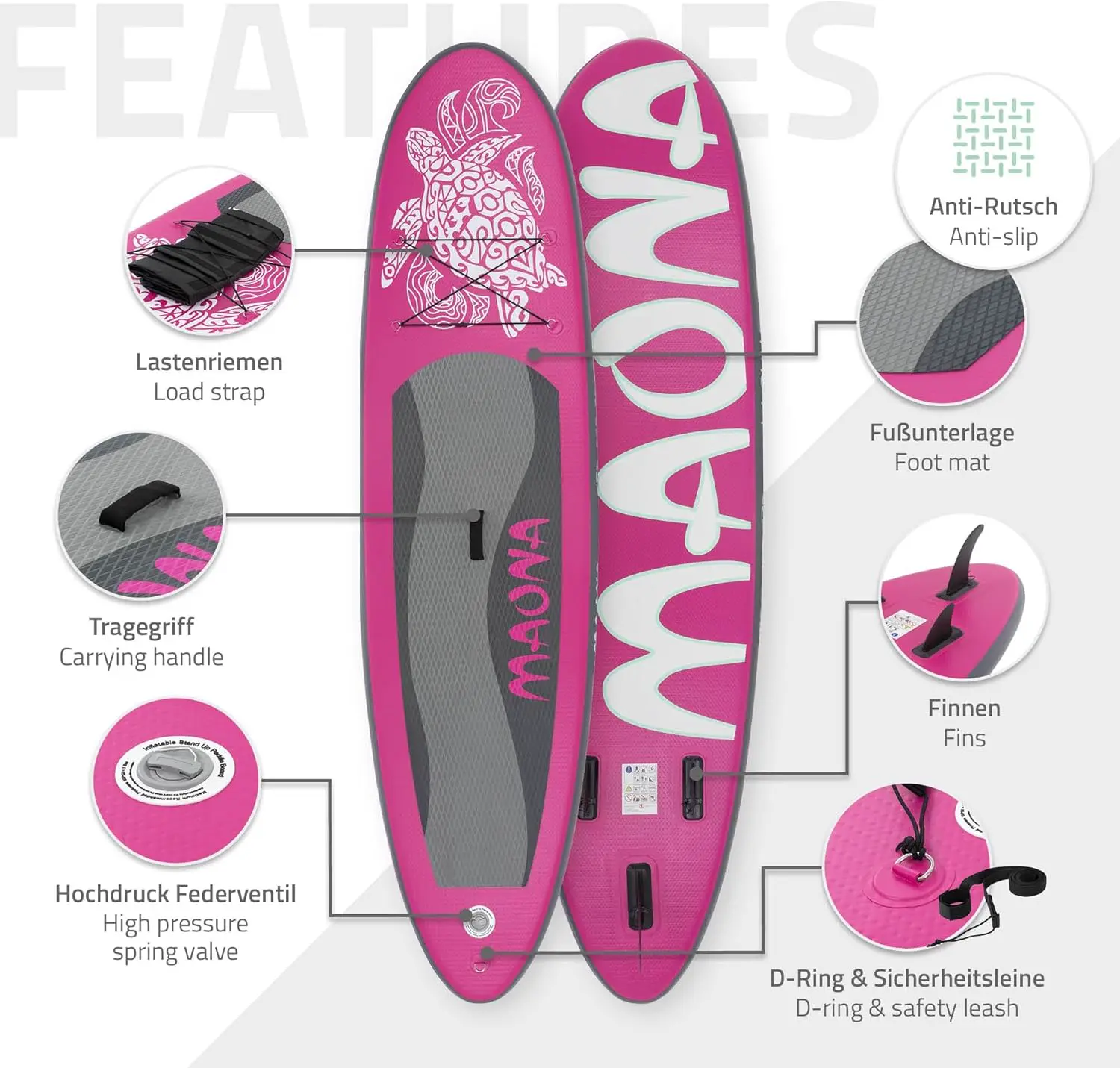 Paddle gonflable en aluminium rose vue 3