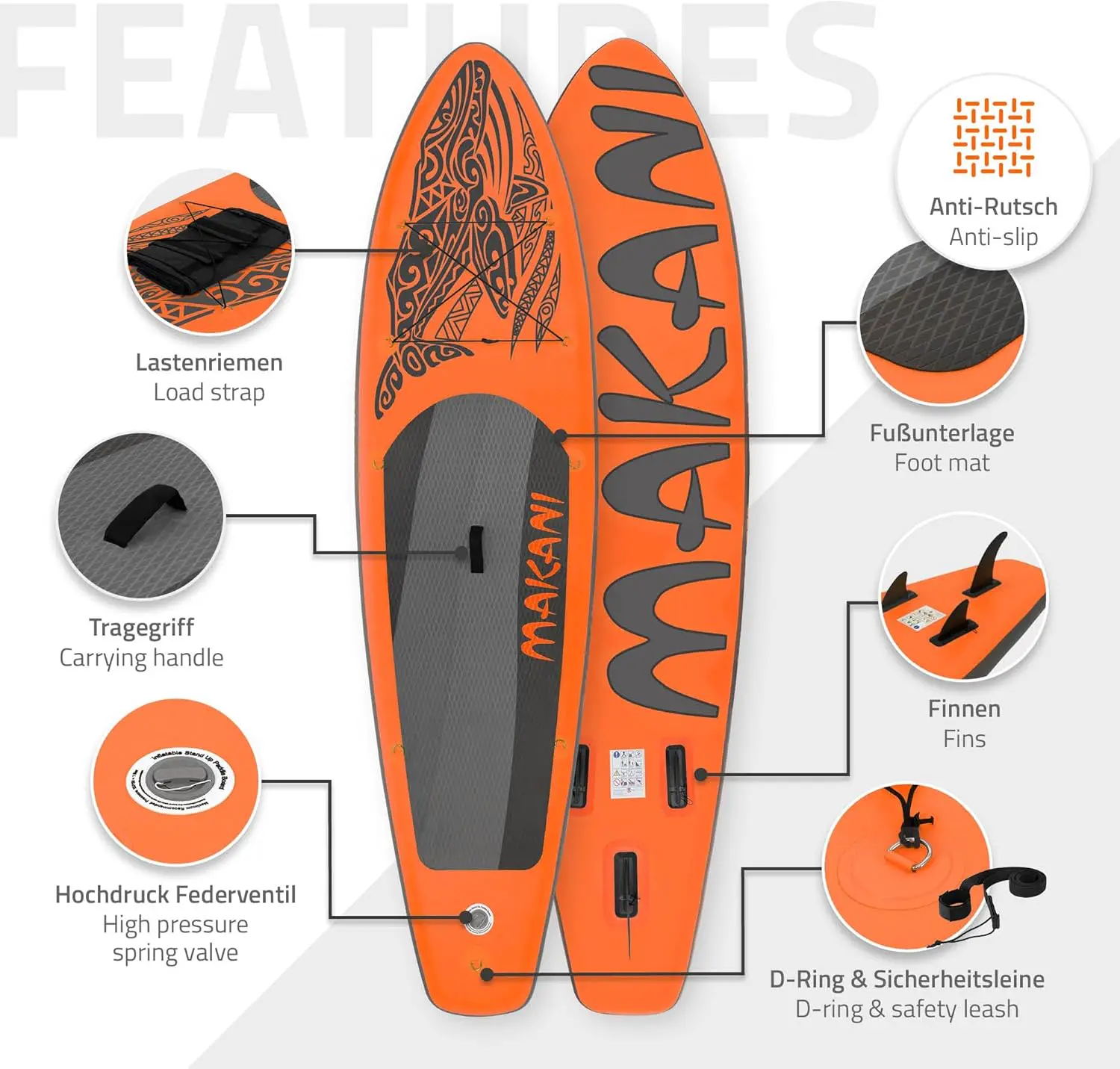 Paddle gonflable en aluminium orange vue 3