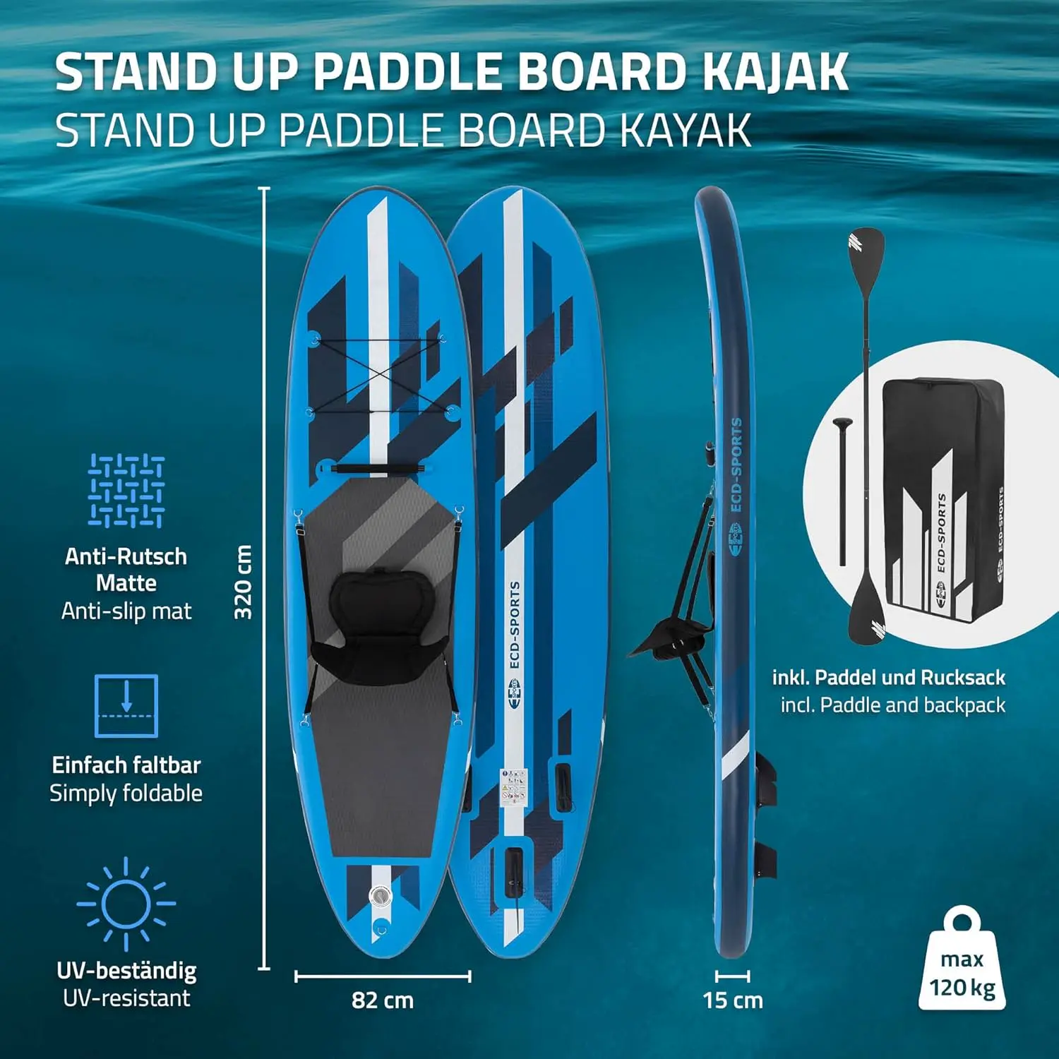 Paddle gonflable en aluminium bleu vue 2