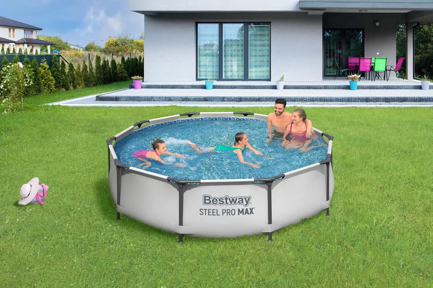 Piscine hors sol en acier gris 8,0 x 9,0 cm vue 4