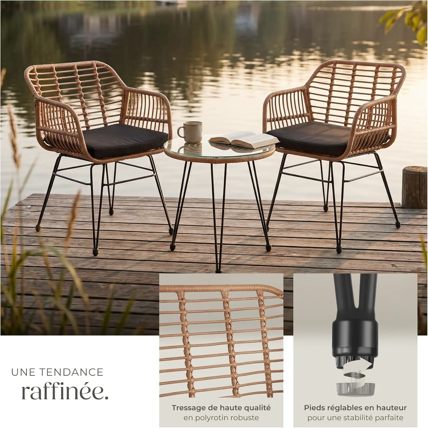 Salon de jardin 2 personnes en rotin marron 64,5 x 58 vue 4