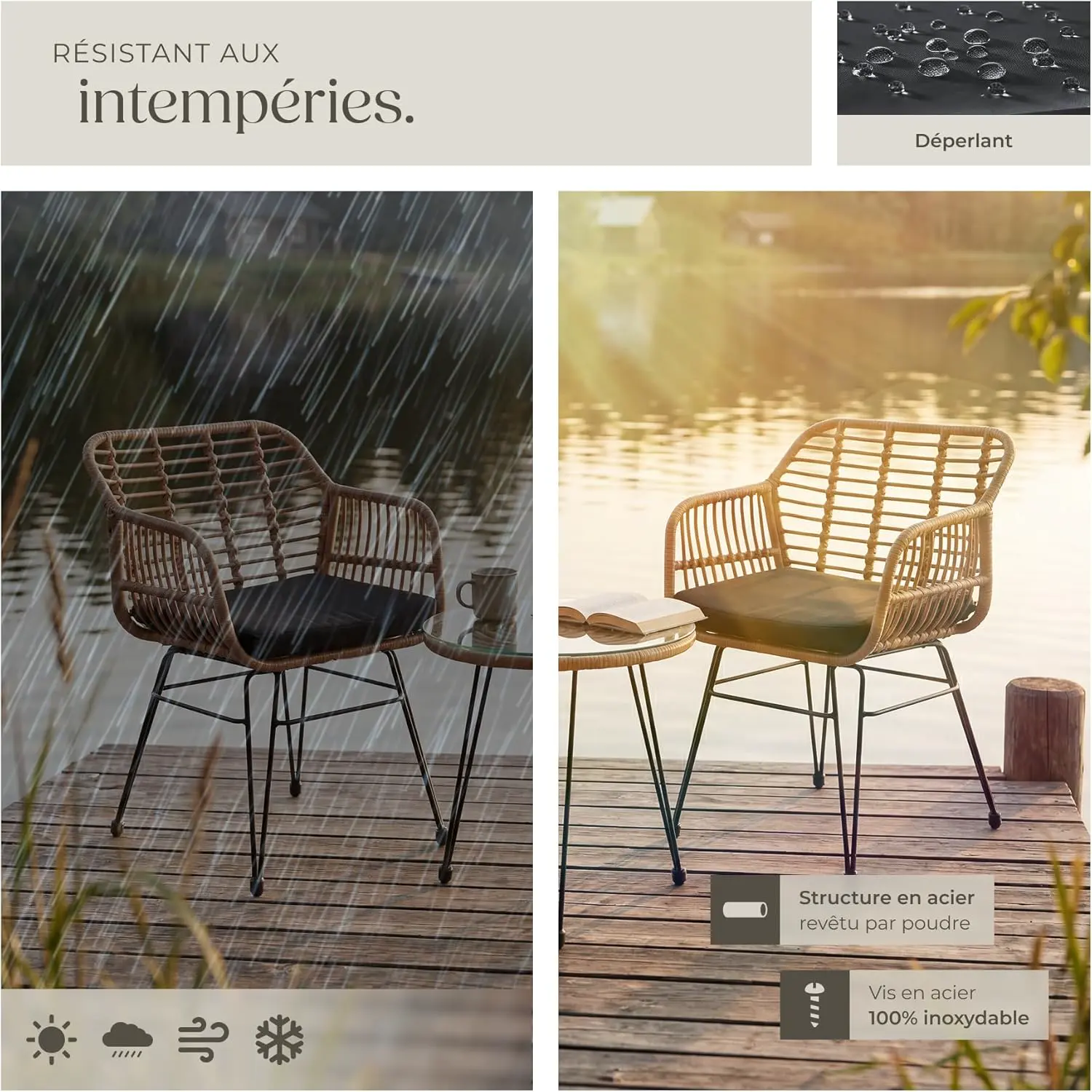 Salon de jardin 2 personnes en rotin marron 64,5 x 58 vue 7