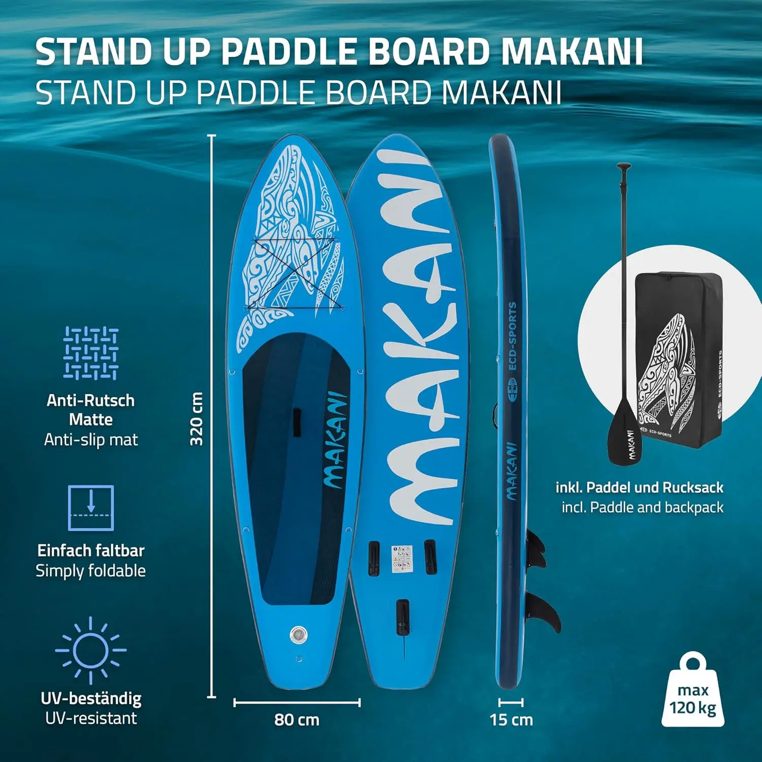 Paddle gonflable en aluminium bleu vue 2