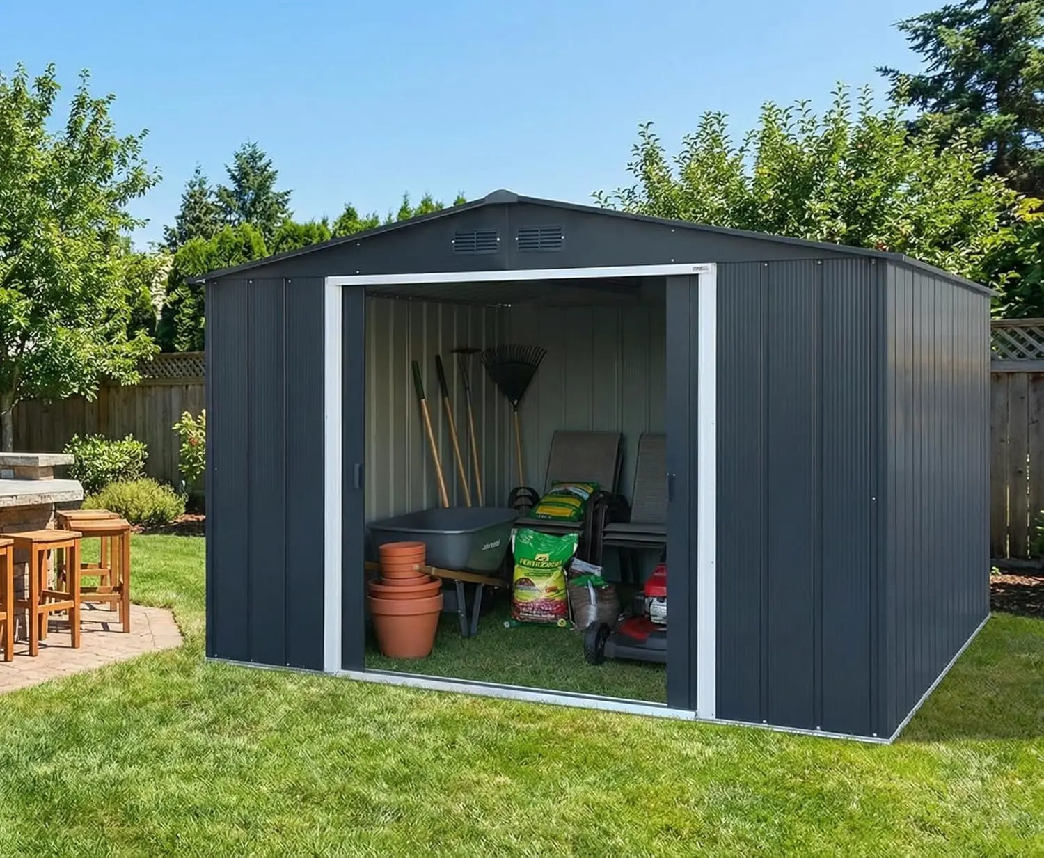 Abri de jardin en métal en bois gris 11,68 m² vue 4