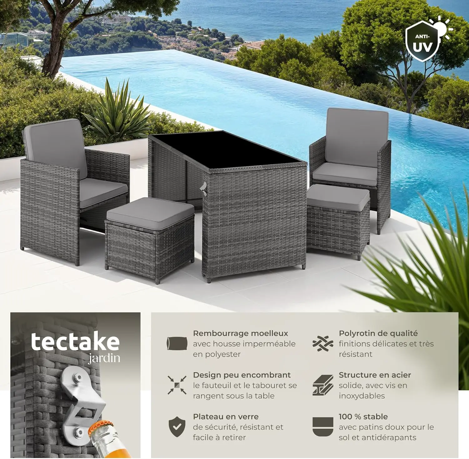 Salon de jardin 4 places en résine gris 1,31 x 0,93 m vue 2