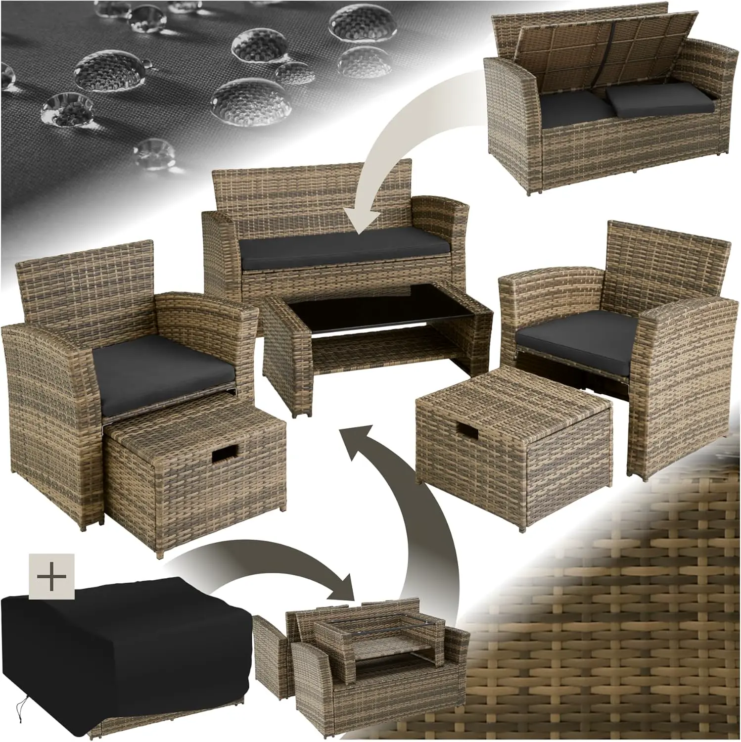 tectake® Ensemble Salon de Jardin Exterieur en Poly Rotin 1 Banquette