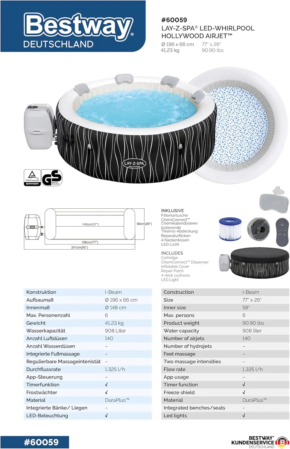 Spa gonflable 2 personnes 6 places 196 x 66 cm vue 12