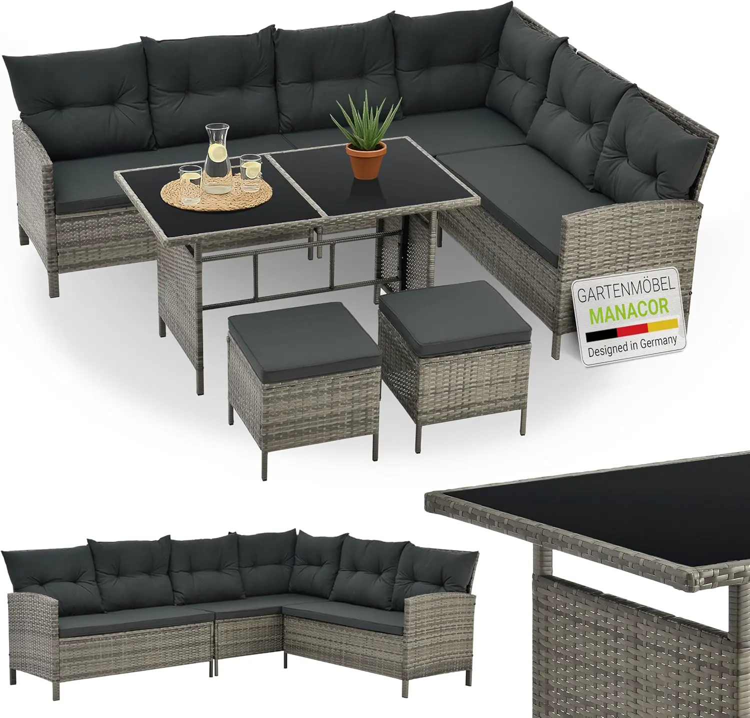 Juskys Salon de Jardin Lounge Manacor en polyrotin Gris moucheté