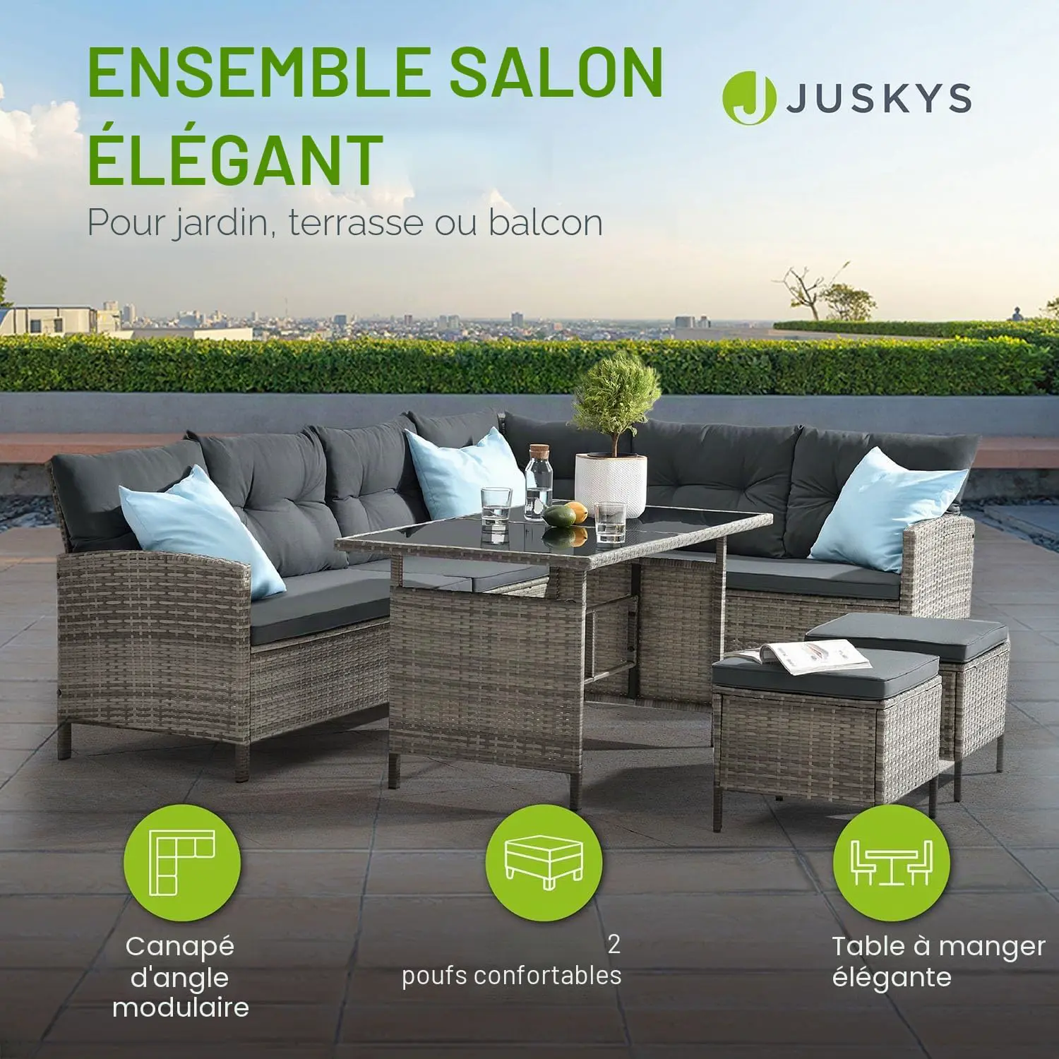 Salon de jardin 7 places en rotin gris 66 x 66 cm vue 2