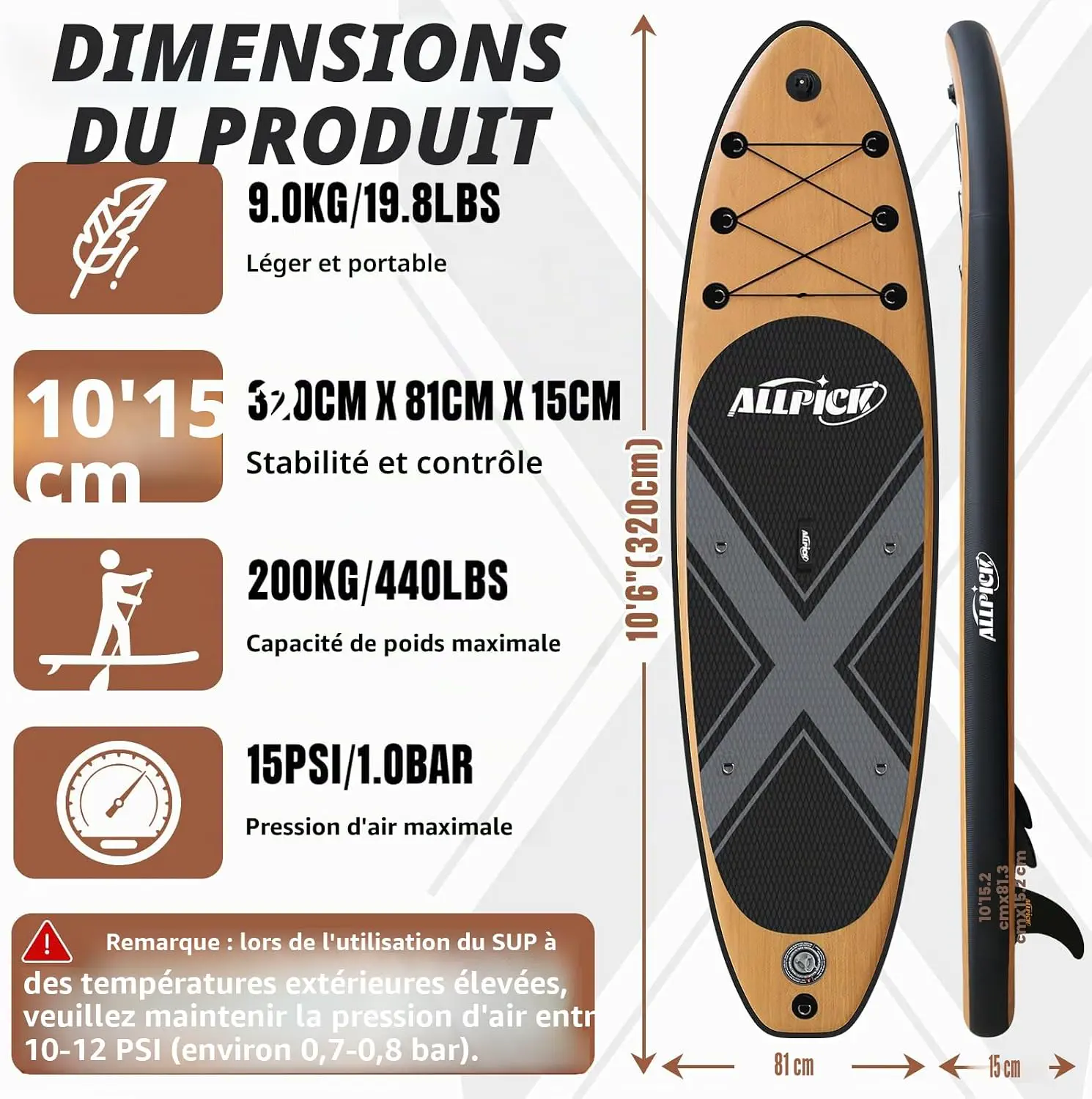 Paddle gonflable en bois vue 3