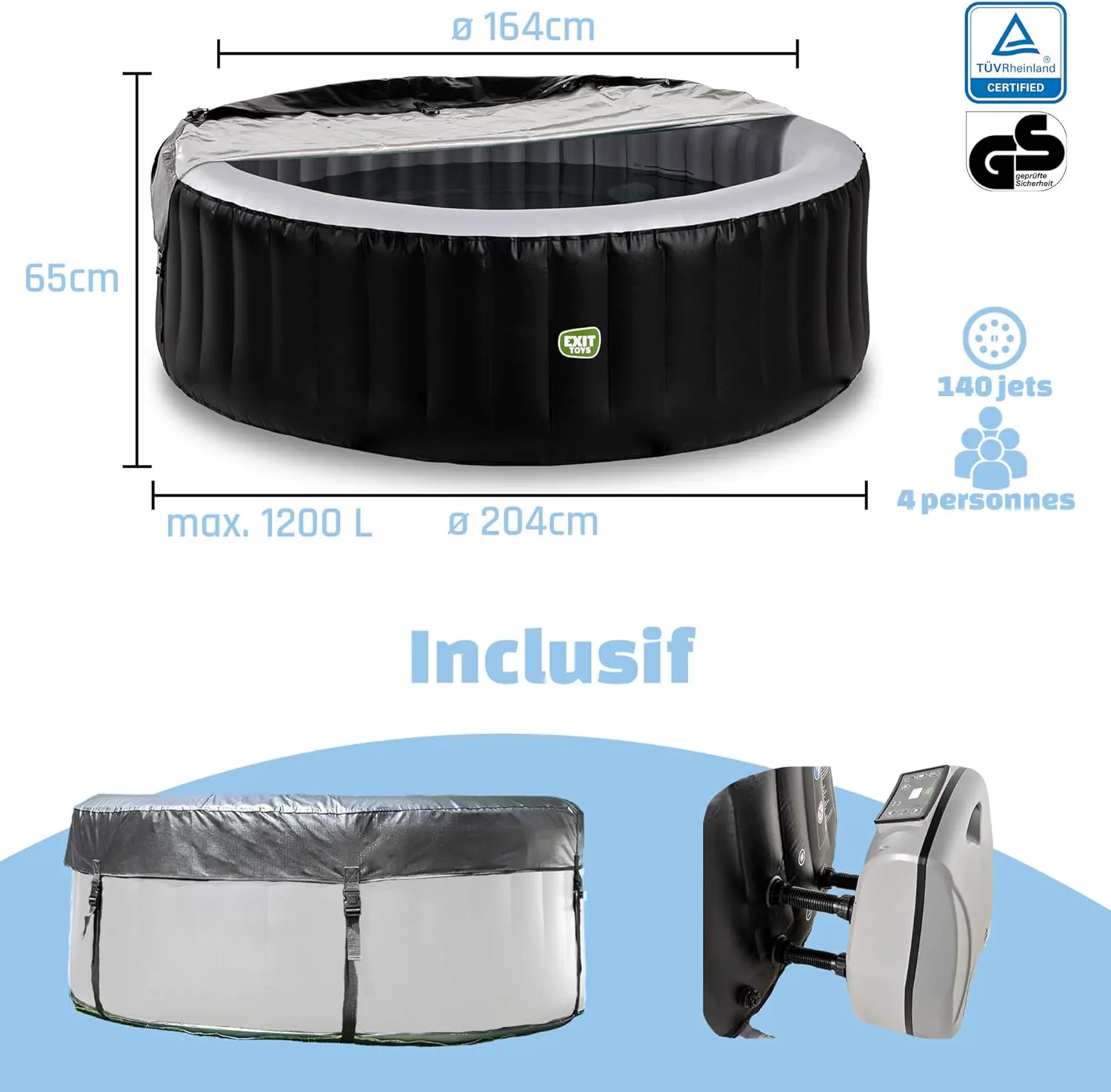 Spa gonflable 4 personnes 4 places noir 204 x 65 cm vue 2
