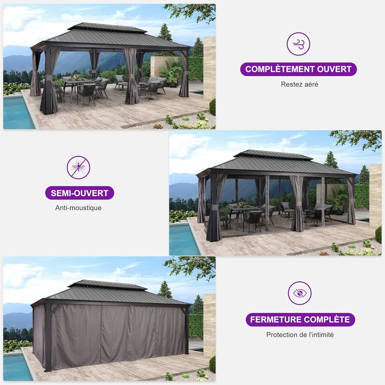 Pergola en aluminium gris 6 x 3,65 m vue 5