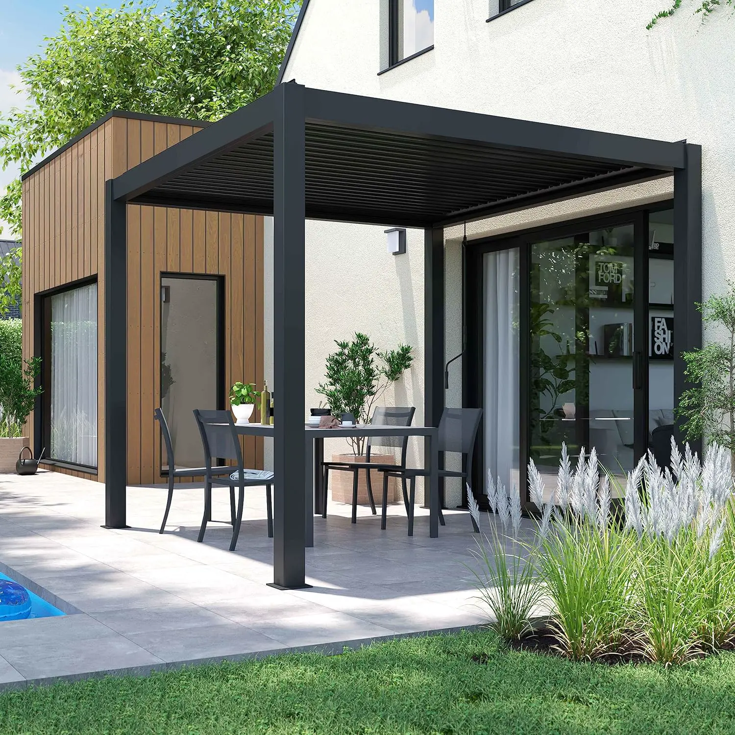 Pergola en aluminium gris 9 m² autoportée vue 2