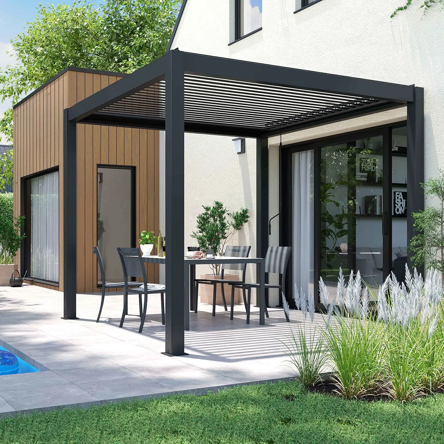 Pergola en aluminium gris 9 m² autoportée vue 3