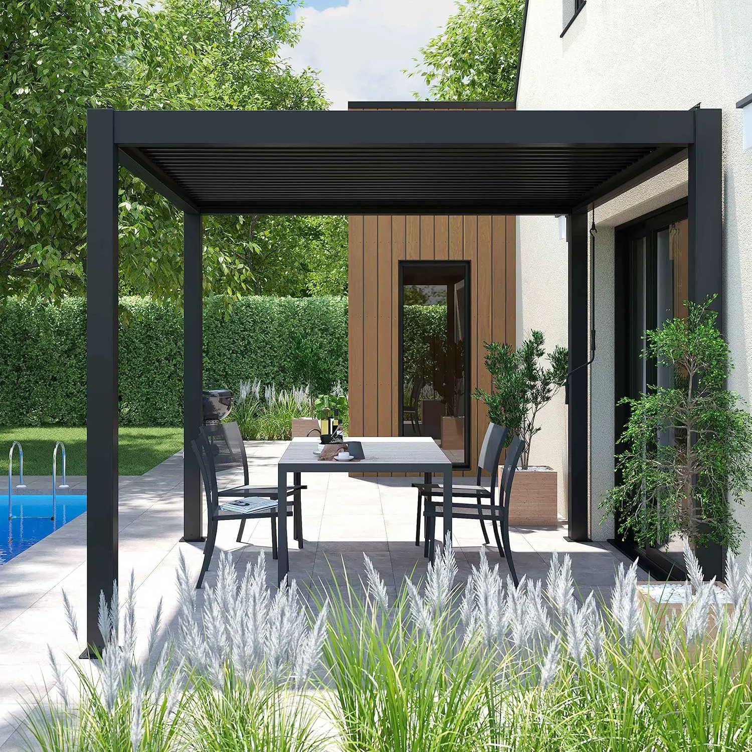 Pergola en aluminium gris 9 m² autoportée vue 7