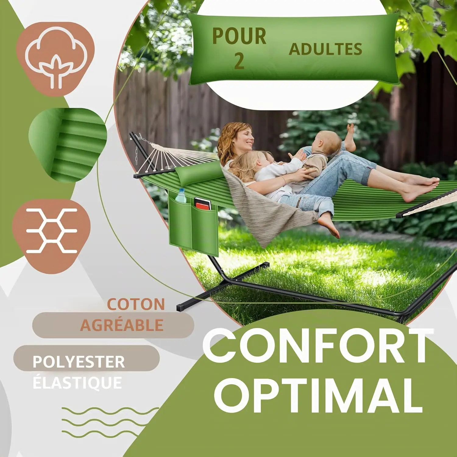 Fauteuils suspendus 2 places en acier kaki vue 3