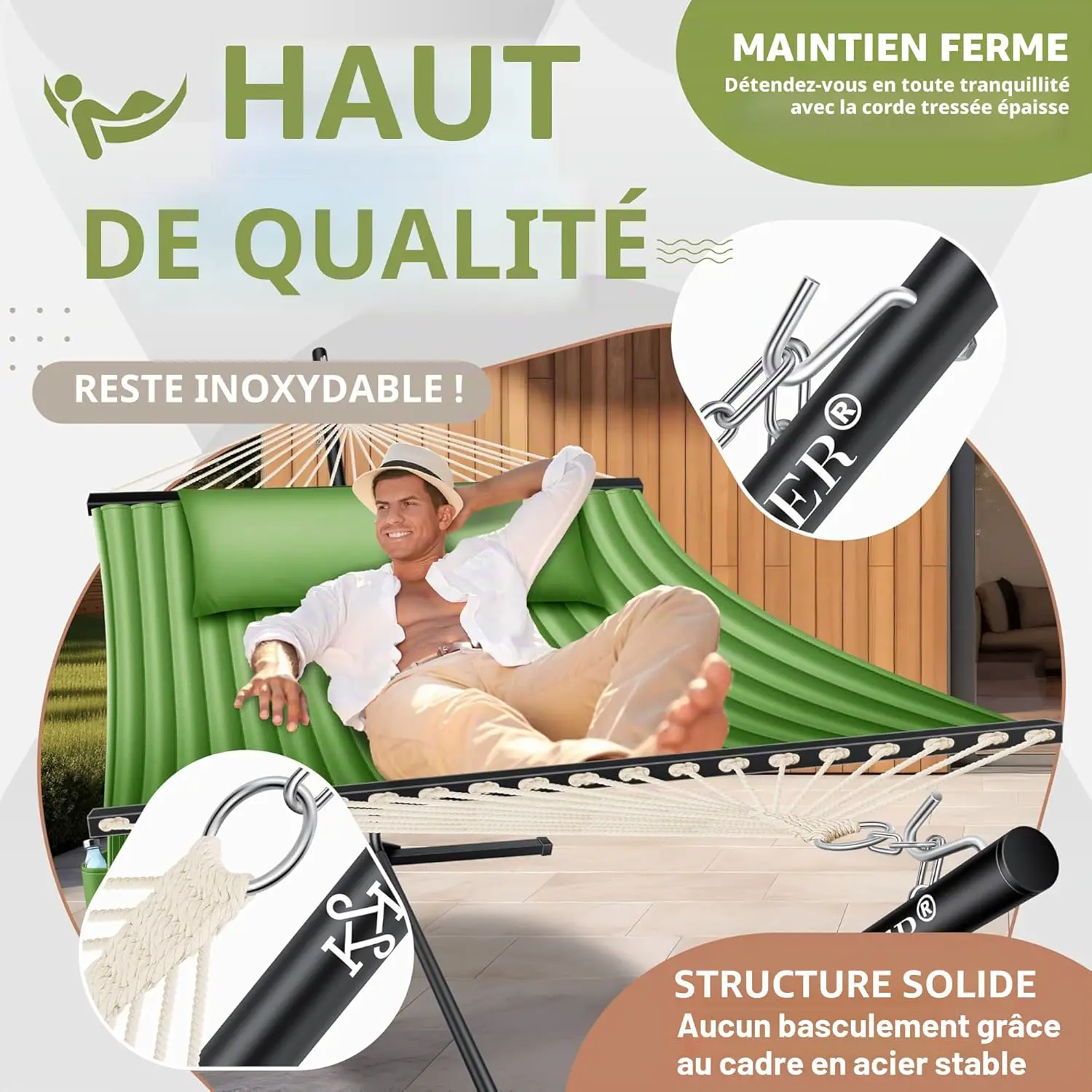 Fauteuils suspendus 2 places en acier kaki vue 4