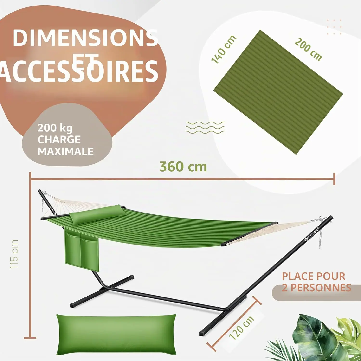Fauteuils suspendus 2 places en acier kaki vue 7