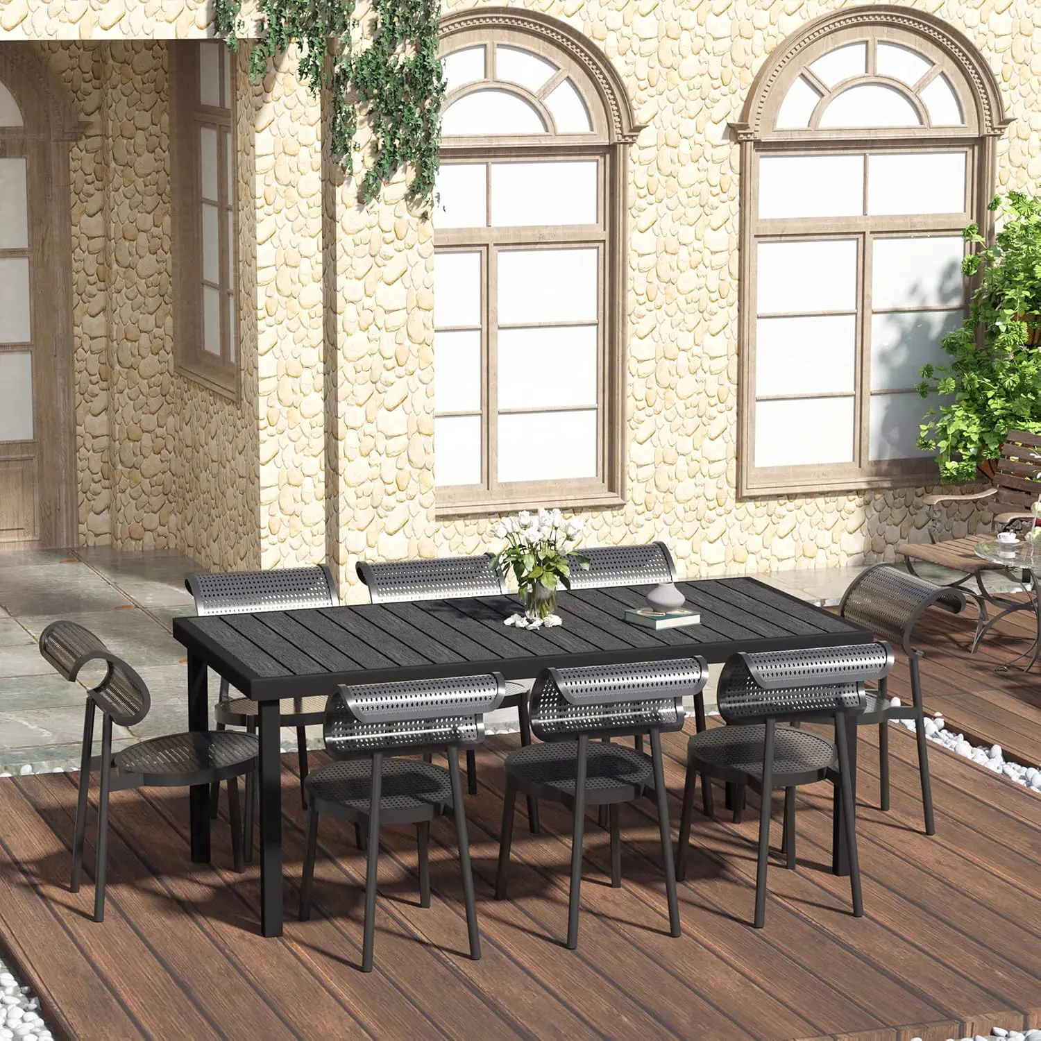 Table de jardin 8 places en aluminium noir 90 x 74 cm vue 2