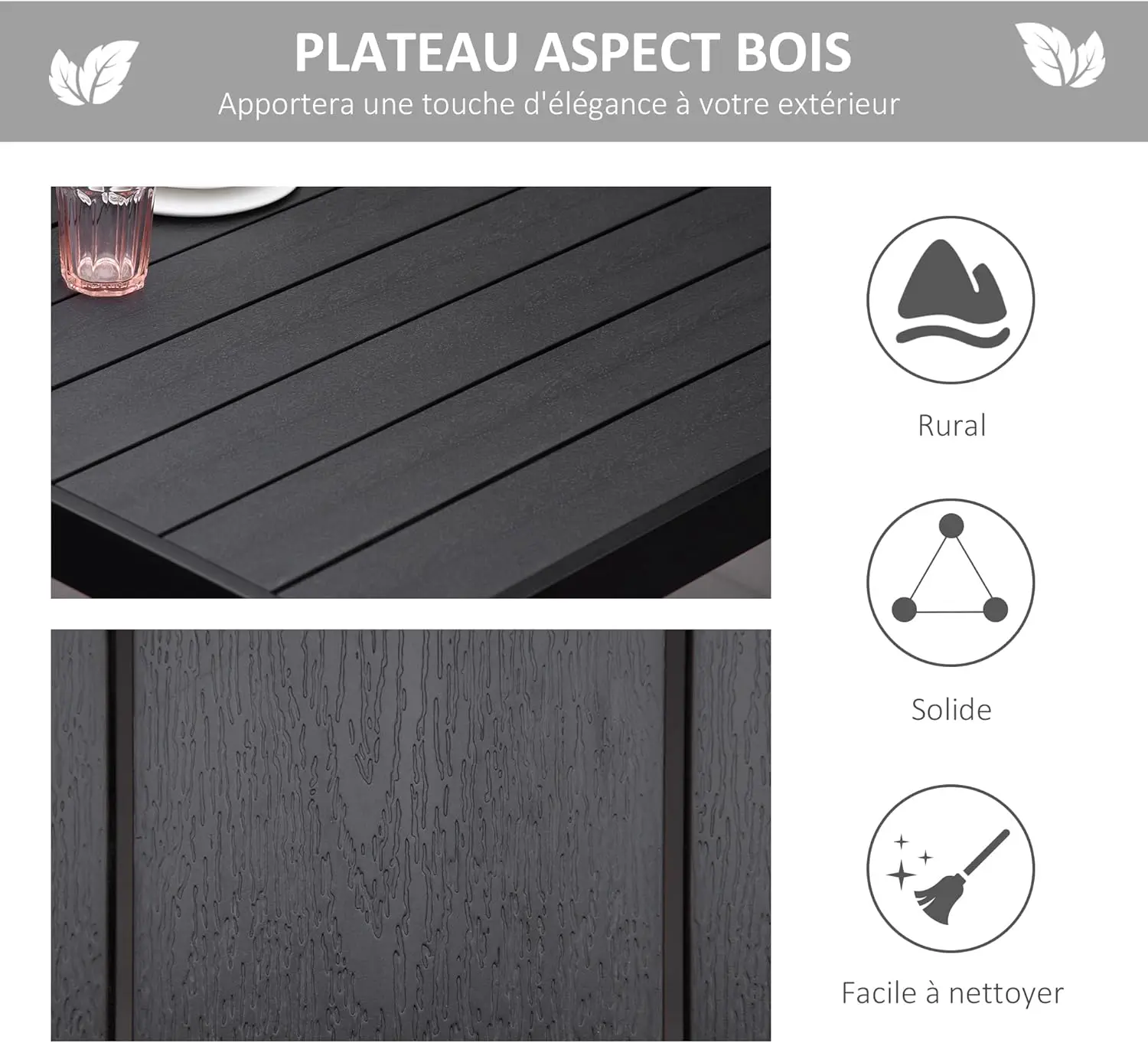 Table de jardin 8 places en aluminium noir 90 x 74 cm vue 4