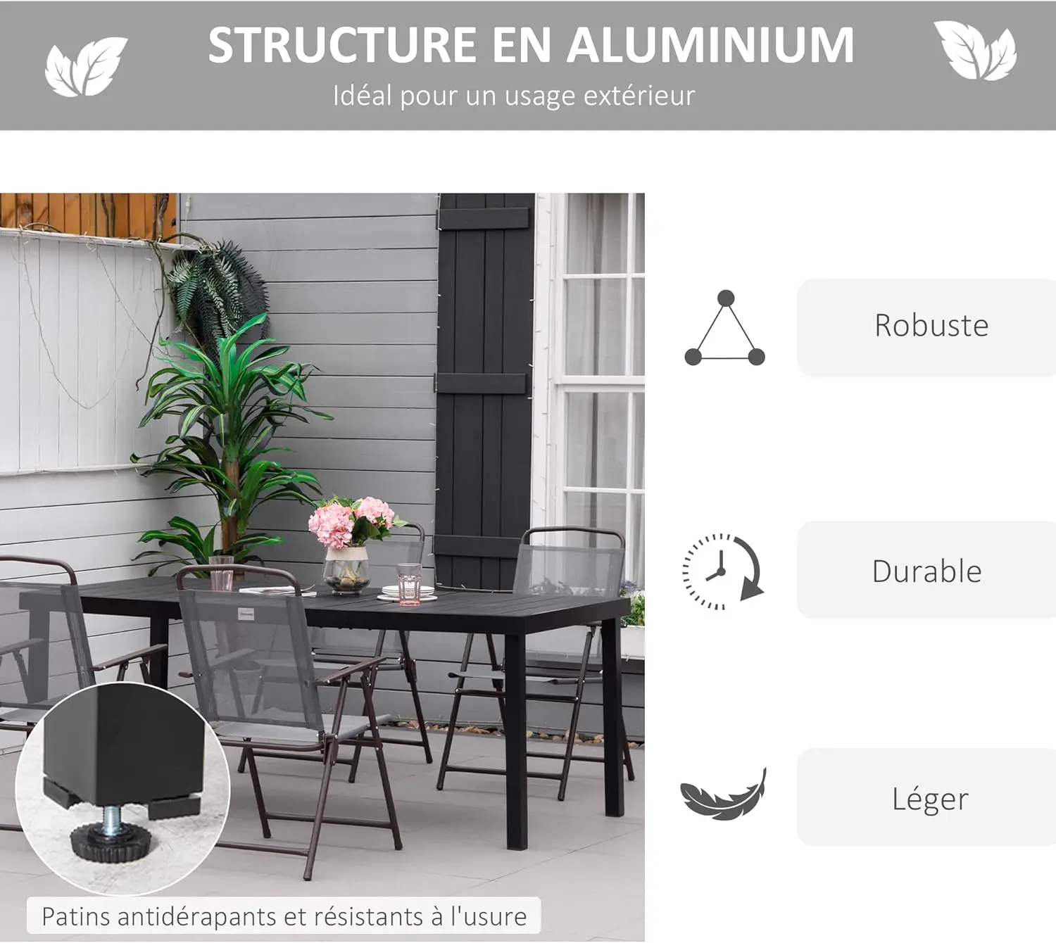 Table de jardin 8 places en aluminium noir 90 x 74 cm vue 5