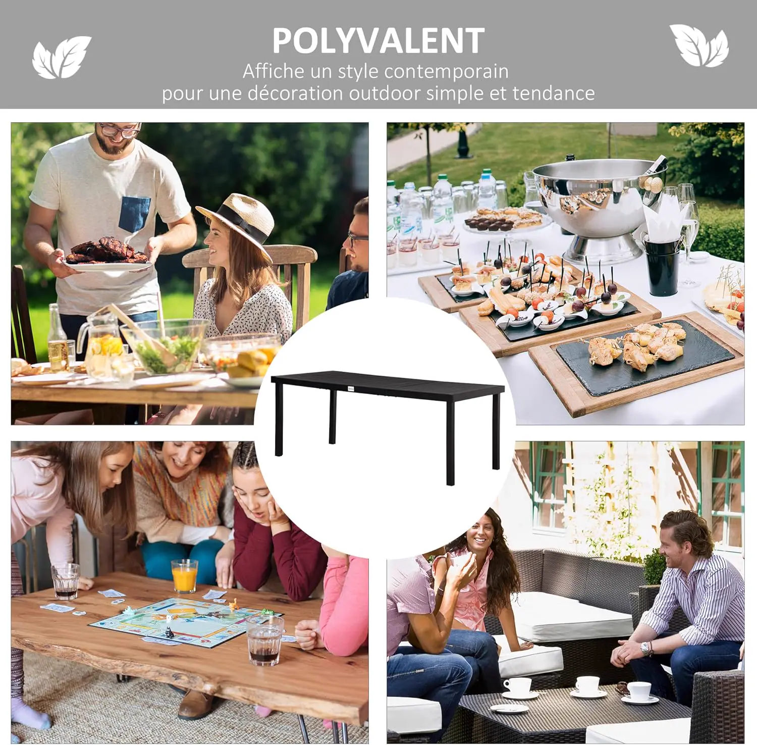 Table de jardin 8 places en aluminium noir 90 x 74 cm vue 6