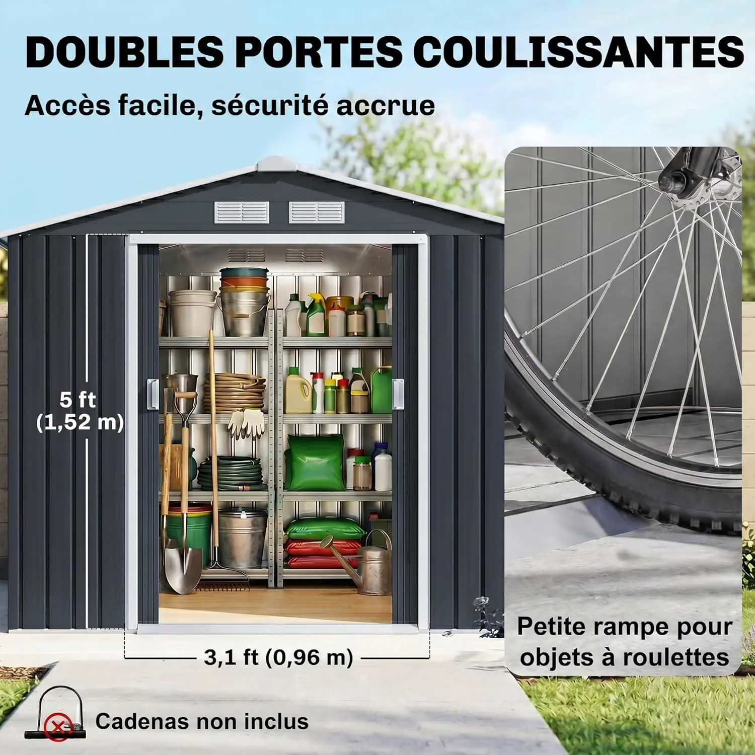 Abri de jardin en métal en acier gris 2,77 m² vue 4