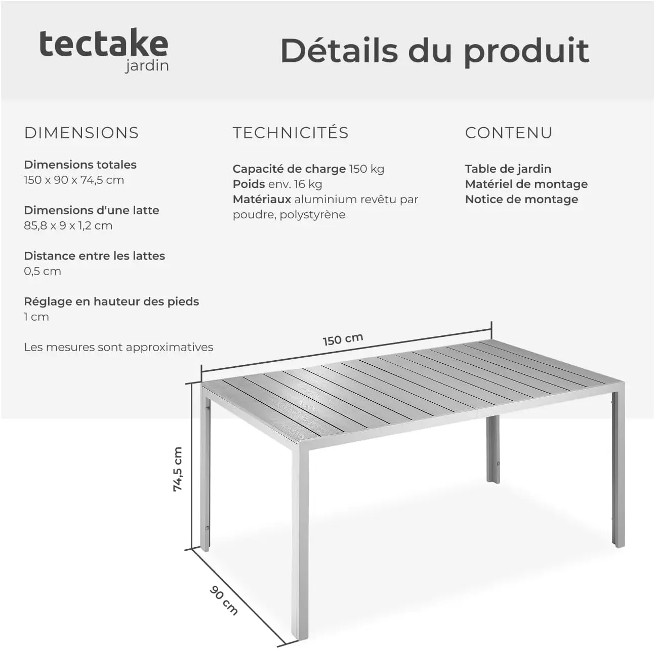 Table de jardin 4 places en aluminium gris 90 x 74,50 cm vue 3