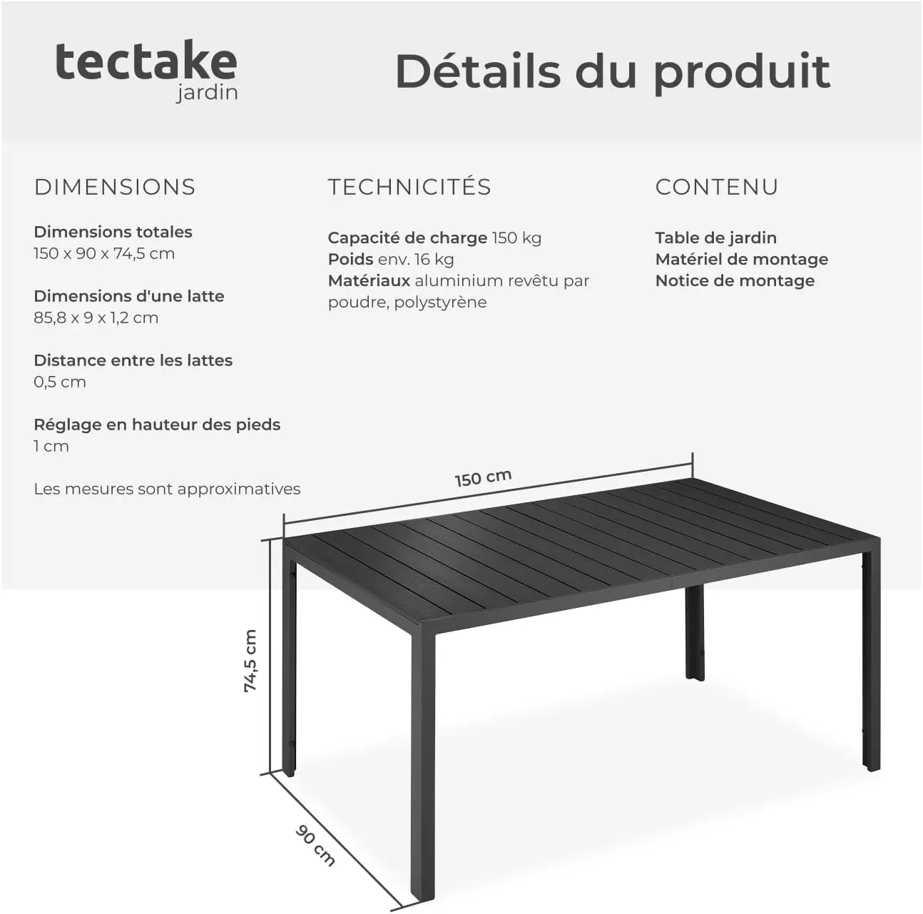 Table de jardin 6 places en aluminium 90 x 74,5 cm vue 3