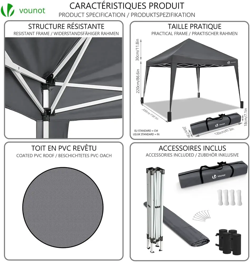 Tonnelle en acier gris 3x3m vue 3